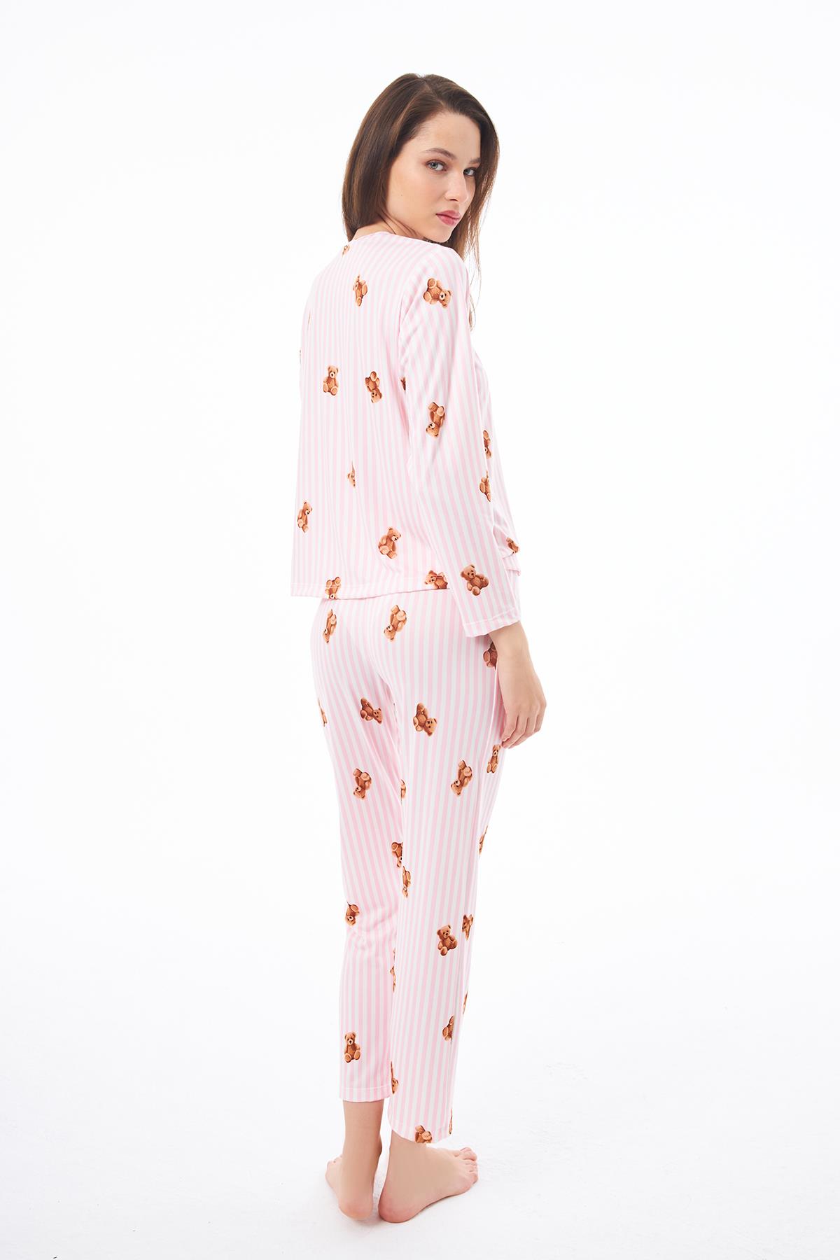 Premium  Kadın Pijama Takımı Krem Ayıcık Desenli Yumuşak Dokulu Bisiklet Yaka Uzun Kollu