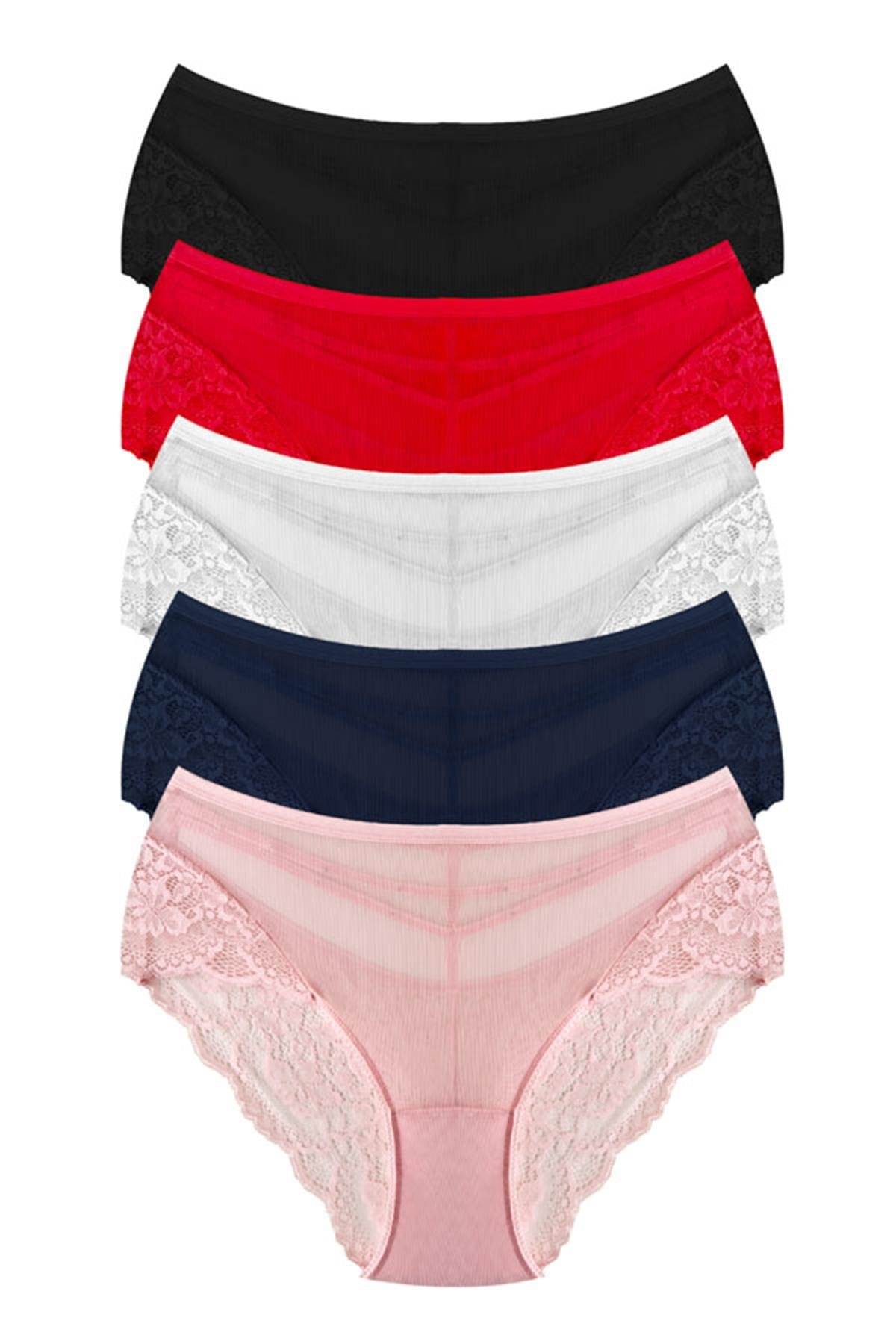 Transparan Tüllü Dantel ve Taş Detaylı Büyük Beden Kadın Bikini Külot 5li Paket