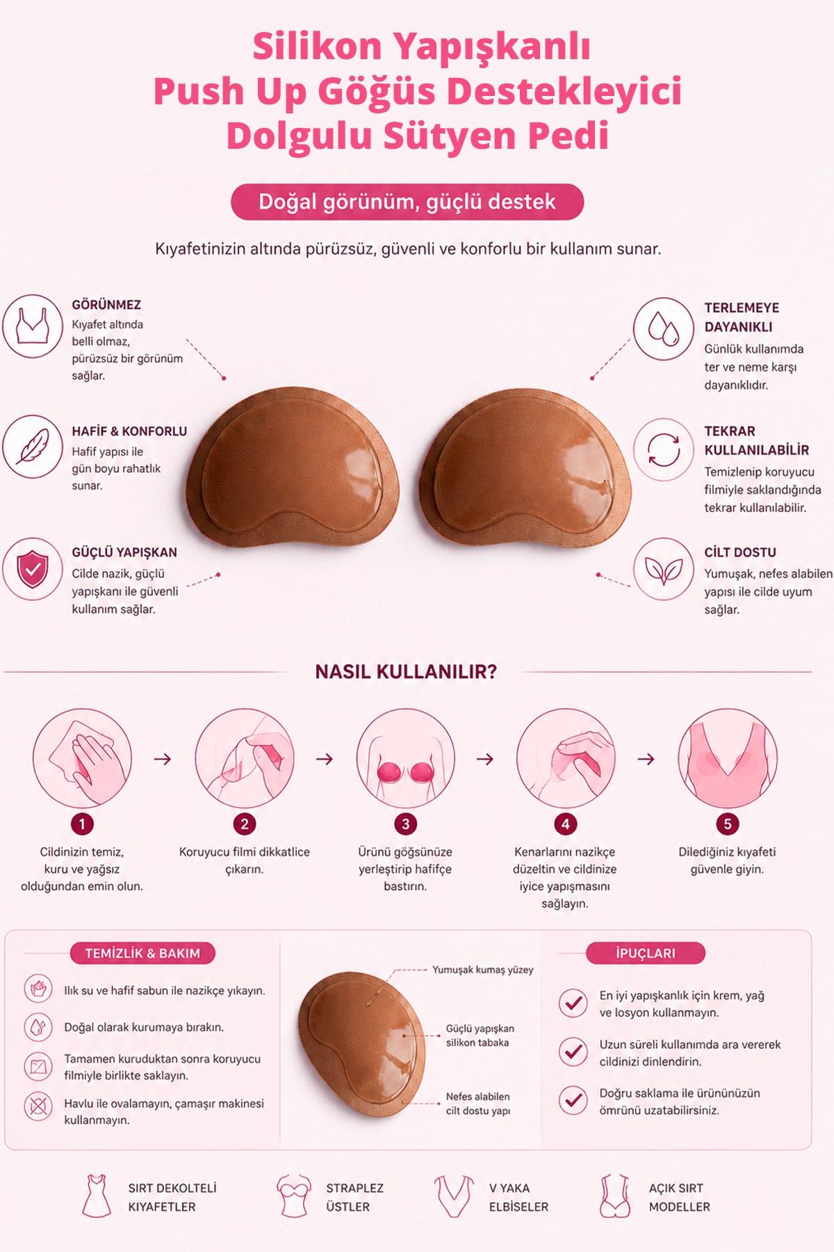 Ten Silikon Yapışkanlı Push Up Göğüs Destekleyici Dolgulu Sütyen Pedi