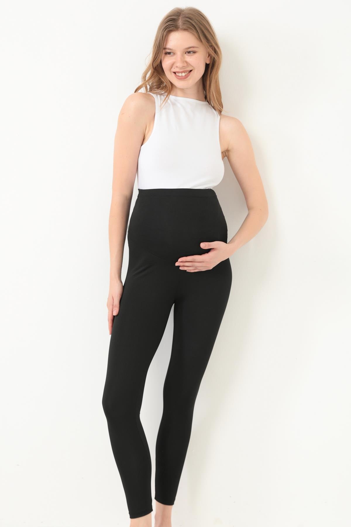 Siyah Şardonlu Beli Ayarlanabilir Yüksek Bel Hamile Tayt