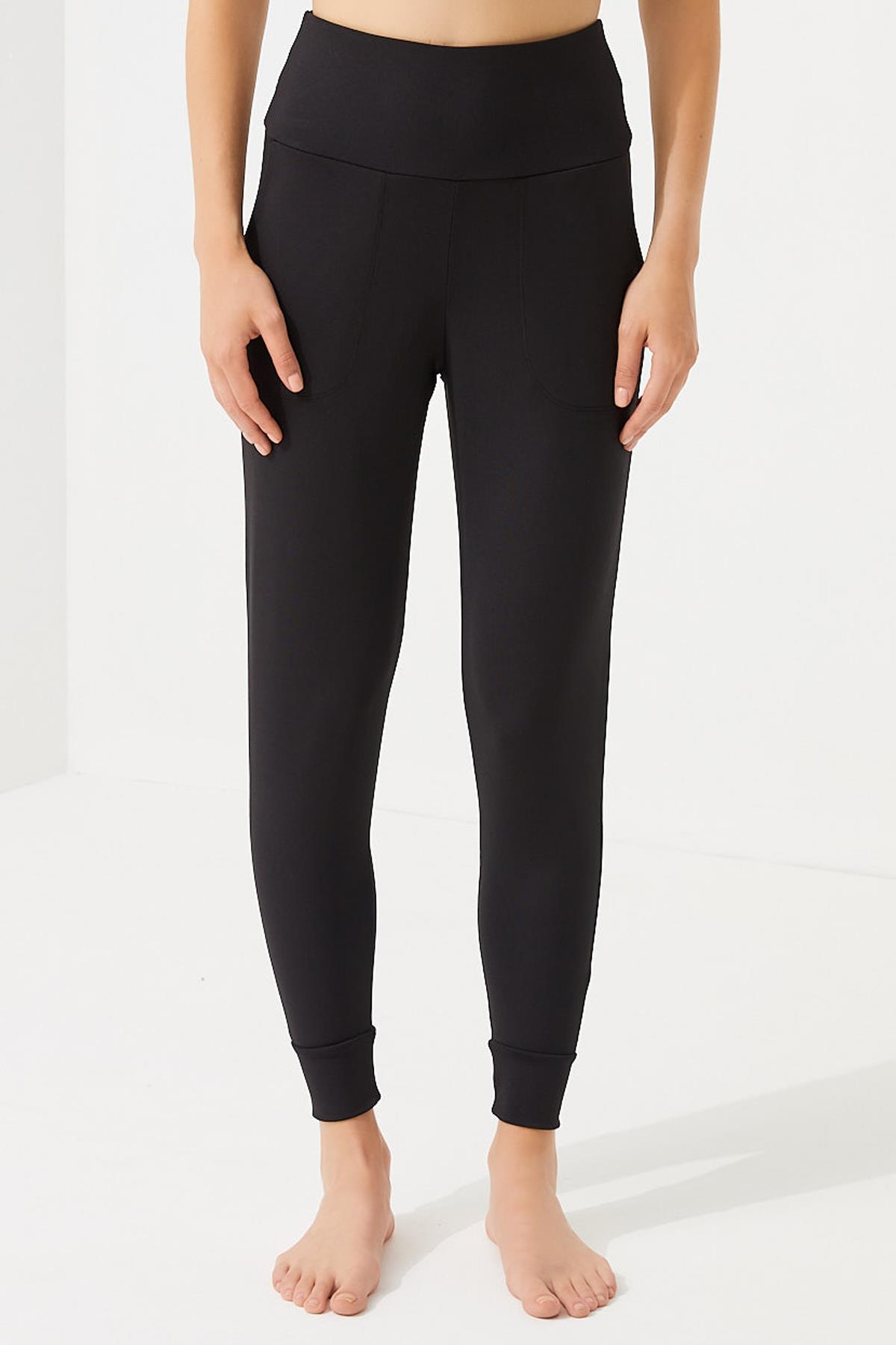 Siyah Yüksek Bel Kadın Çift Cepli Jogger Eşofman Altı