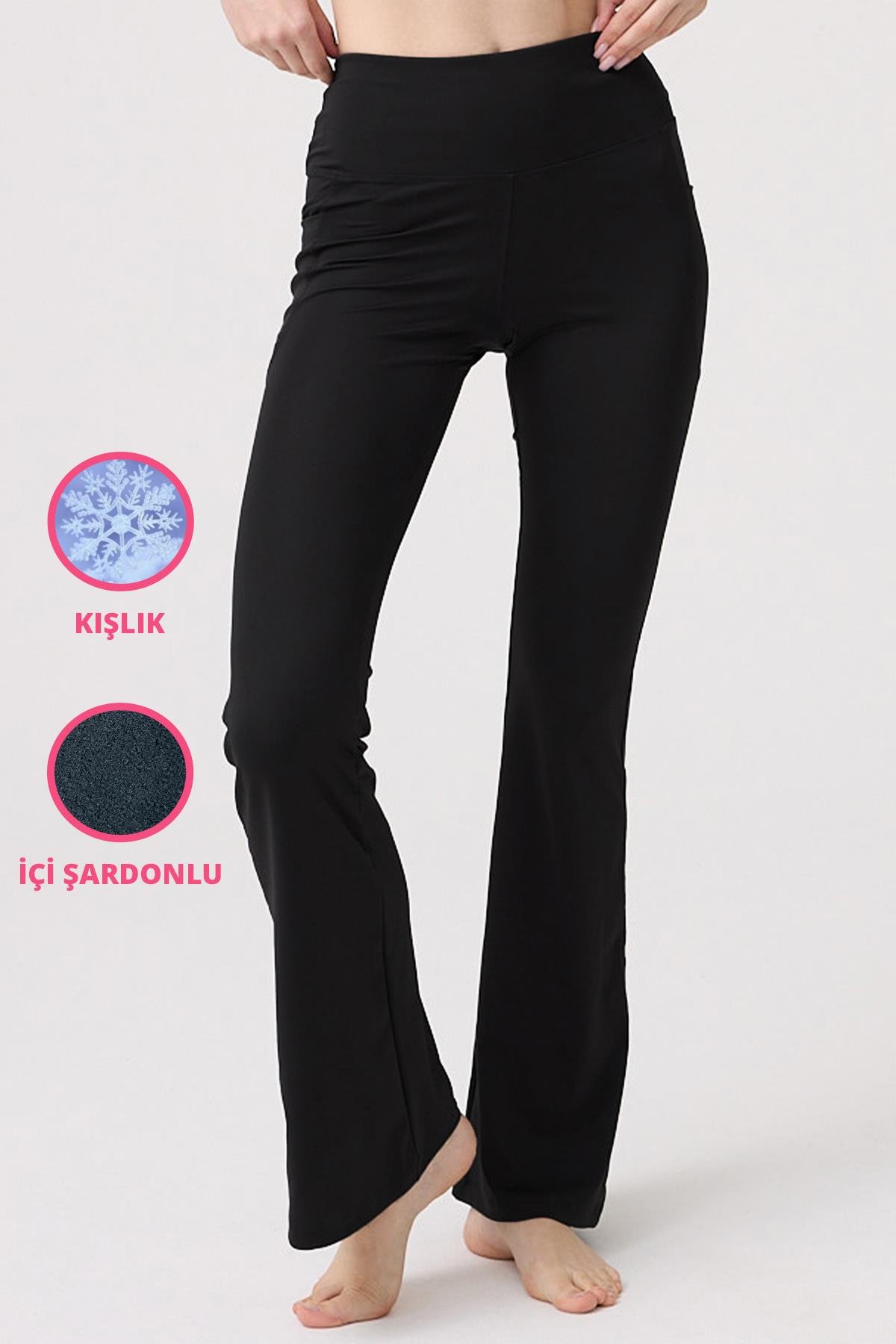 Siyah Şardonlu Yüksek Bel İspanyol Paça Kadın Tayt