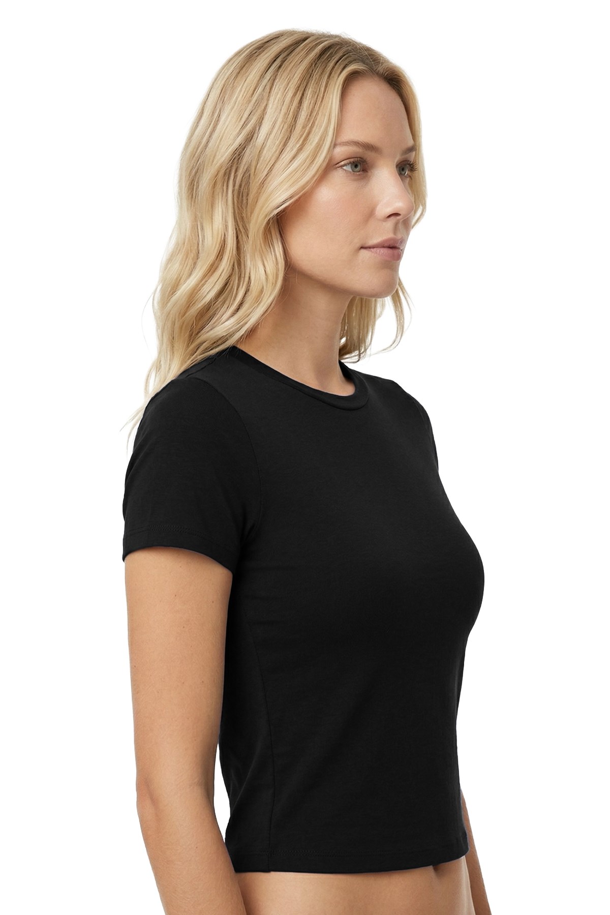 Siyah Viskon Bedene Oturan Bisiklet Yaka Kısa Kollu Kadın Crop Tişört