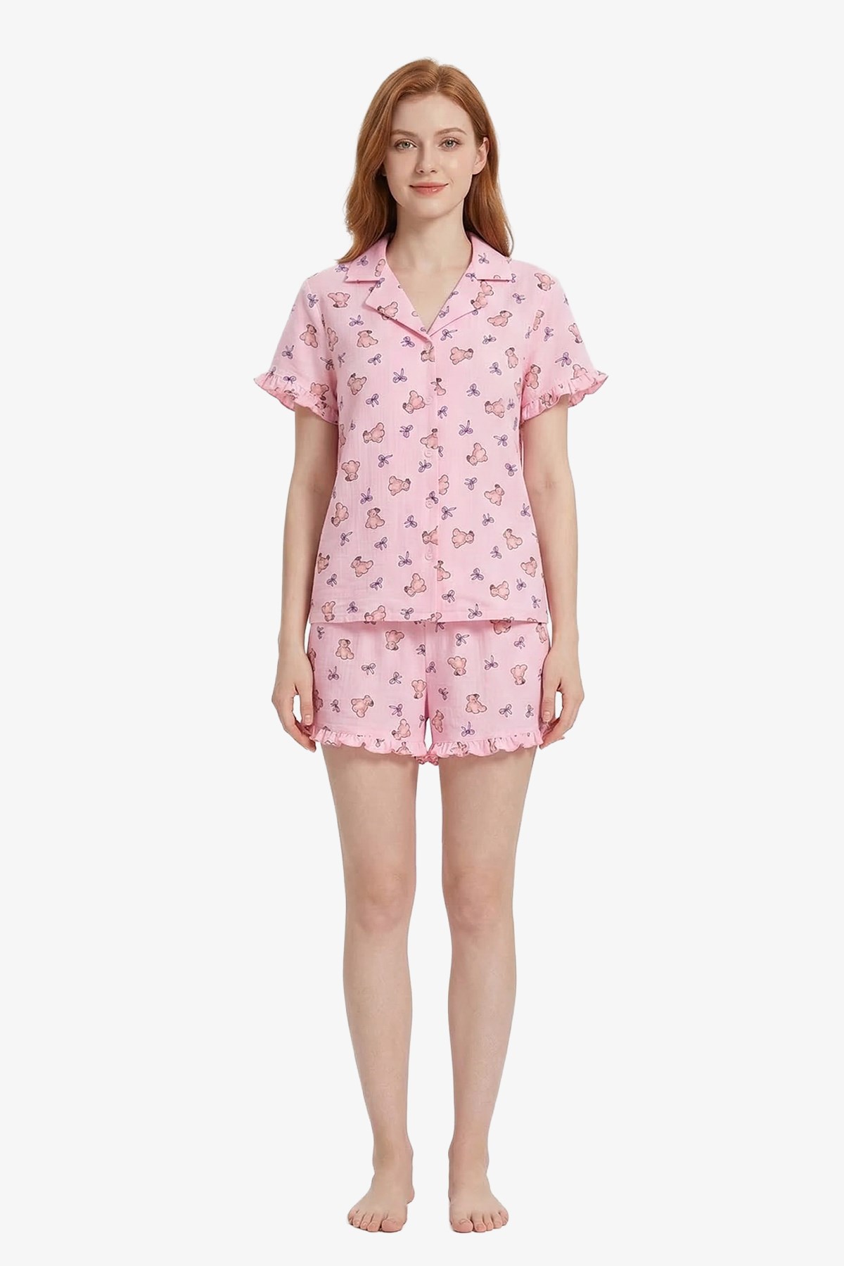 Pudra Ayıcık Desenli Bürümcük Gömlek Yaka Kadın Şortlu Pijama Takımı