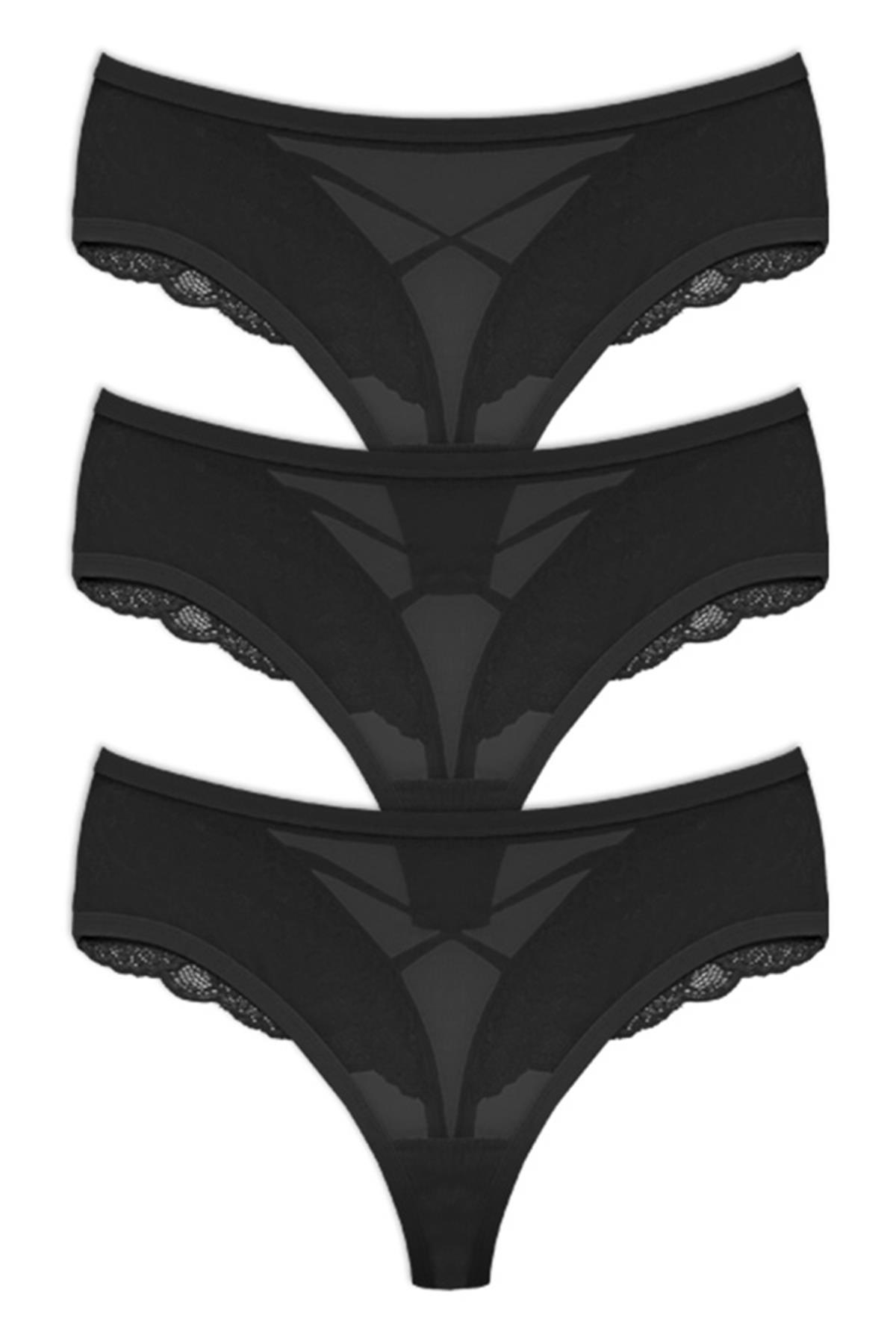 Dantel ve İp Detaylı Tül Büyük Beden Tanga Külot 3lü Paket-2