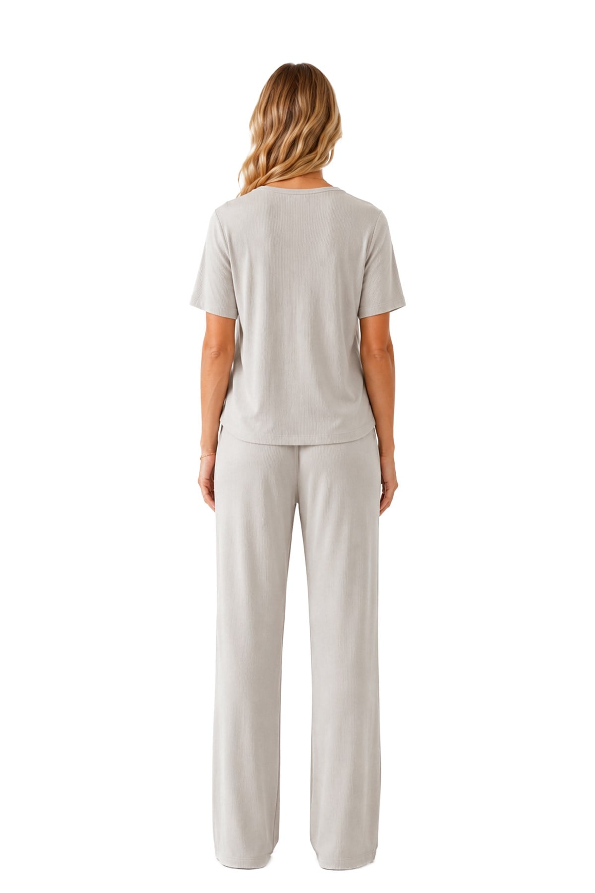Premium - Neat Collection | Gri Rib Dokulu V Yaka Modal Viskon Bol Paça Kadın Pijama Takımı