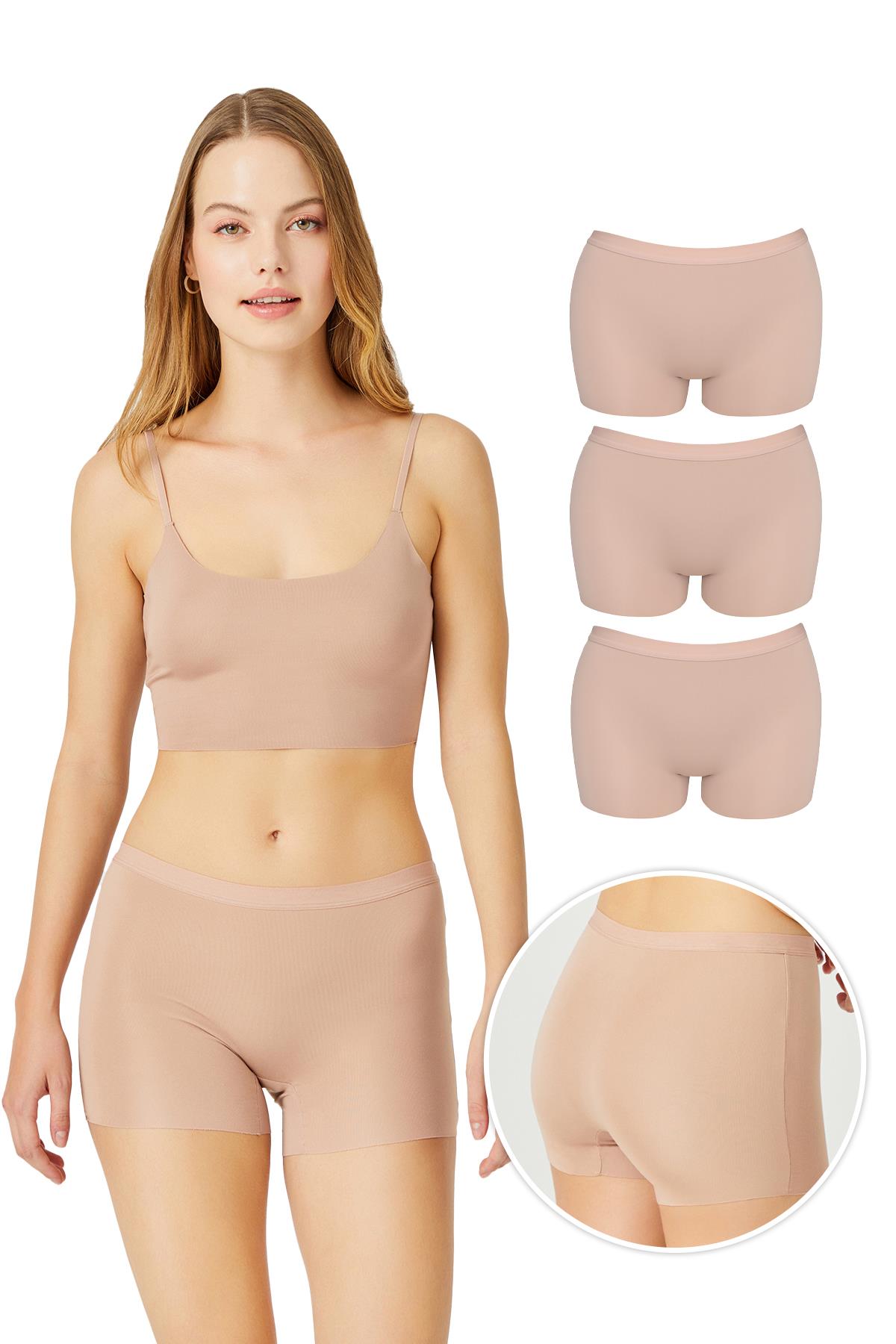 Basic Lazer Kesim Dikişsiz Kadın Boxer Külot Kahverengi 3lü Paket