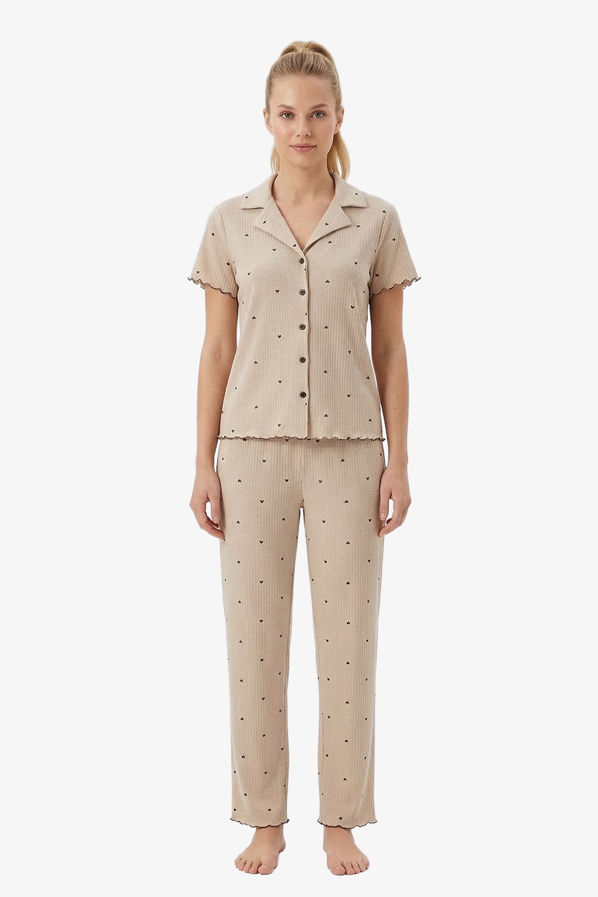 Vizon Kalp Desenli Pointel Gömlek Yaka Kadın Pijama Takımı
