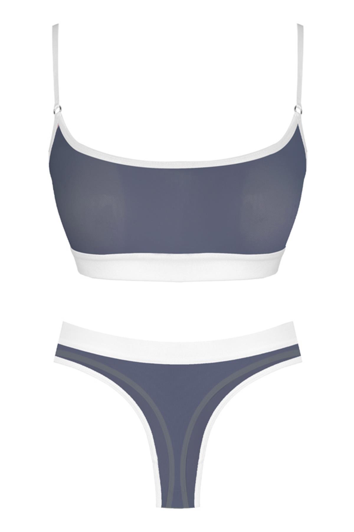 Lacivert Beyaz Lastik Detaylı Transparan Tüllü Ayarlanabilir Askılı Kadın Sütyen Takımı