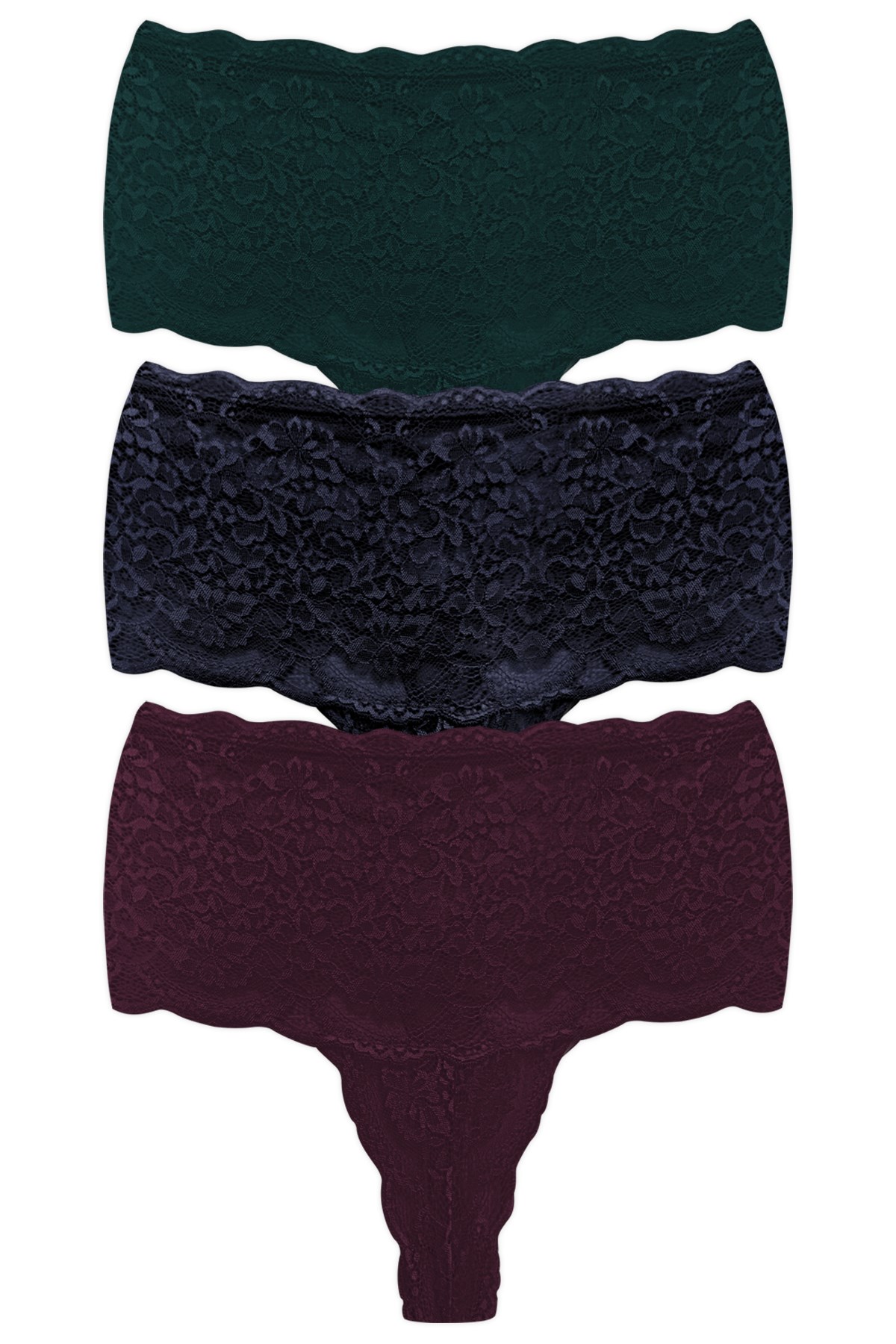 Dantelli Lastik Detaylı Yüksek Bel Kadın Tanga 3lü Paket Külot - 2