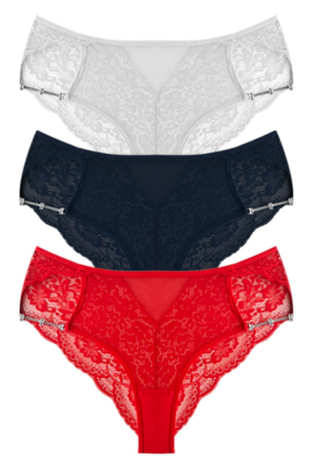 Transparan Tüllü Dantel ve Zincir Detaylı Büyük Beden Kadın Bikini Külot 3lü Paket