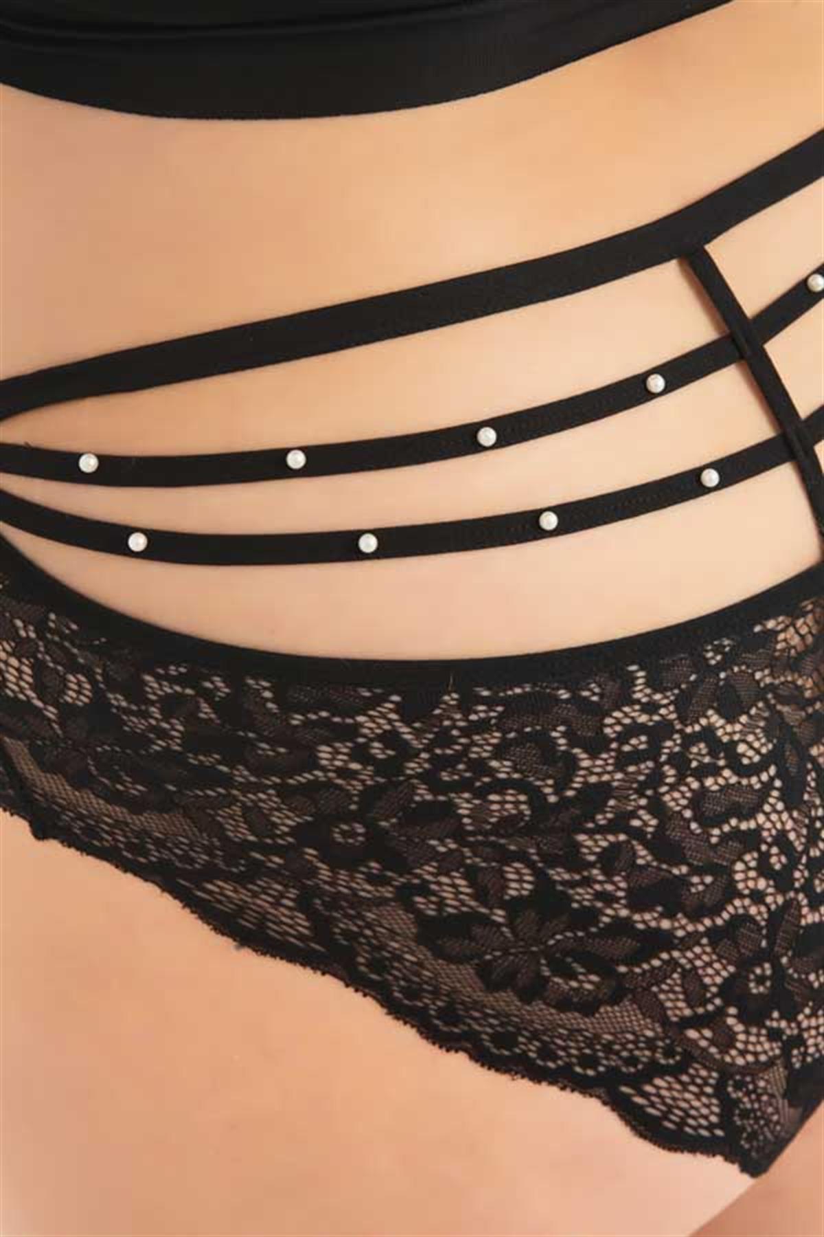 Transparan Tüllü Dantel ve Taş Detaylı Büyük Beden Kadın Bikini Külot 3lü Paket-2