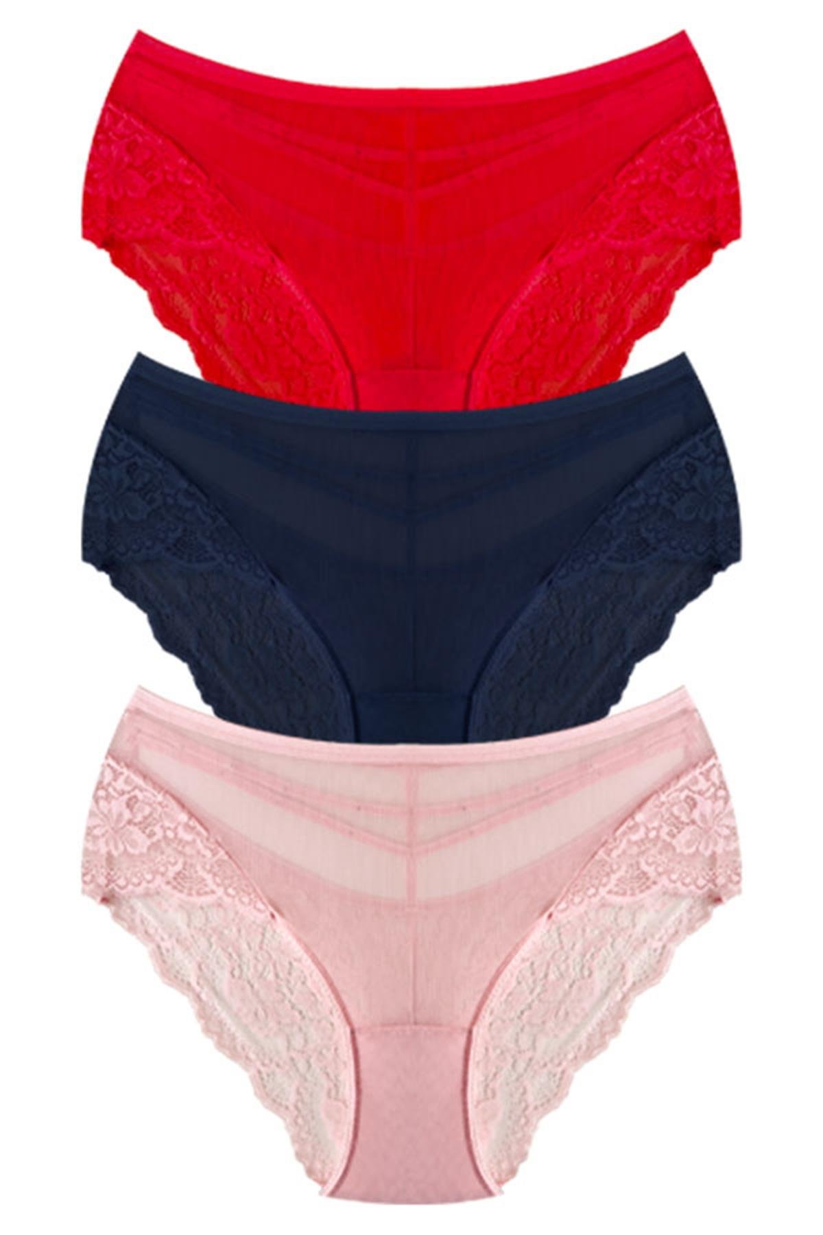 Transparan Tüllü Dantel ve Taş Detaylı Büyük Beden Kadın Bikini Külot 3lü Paket