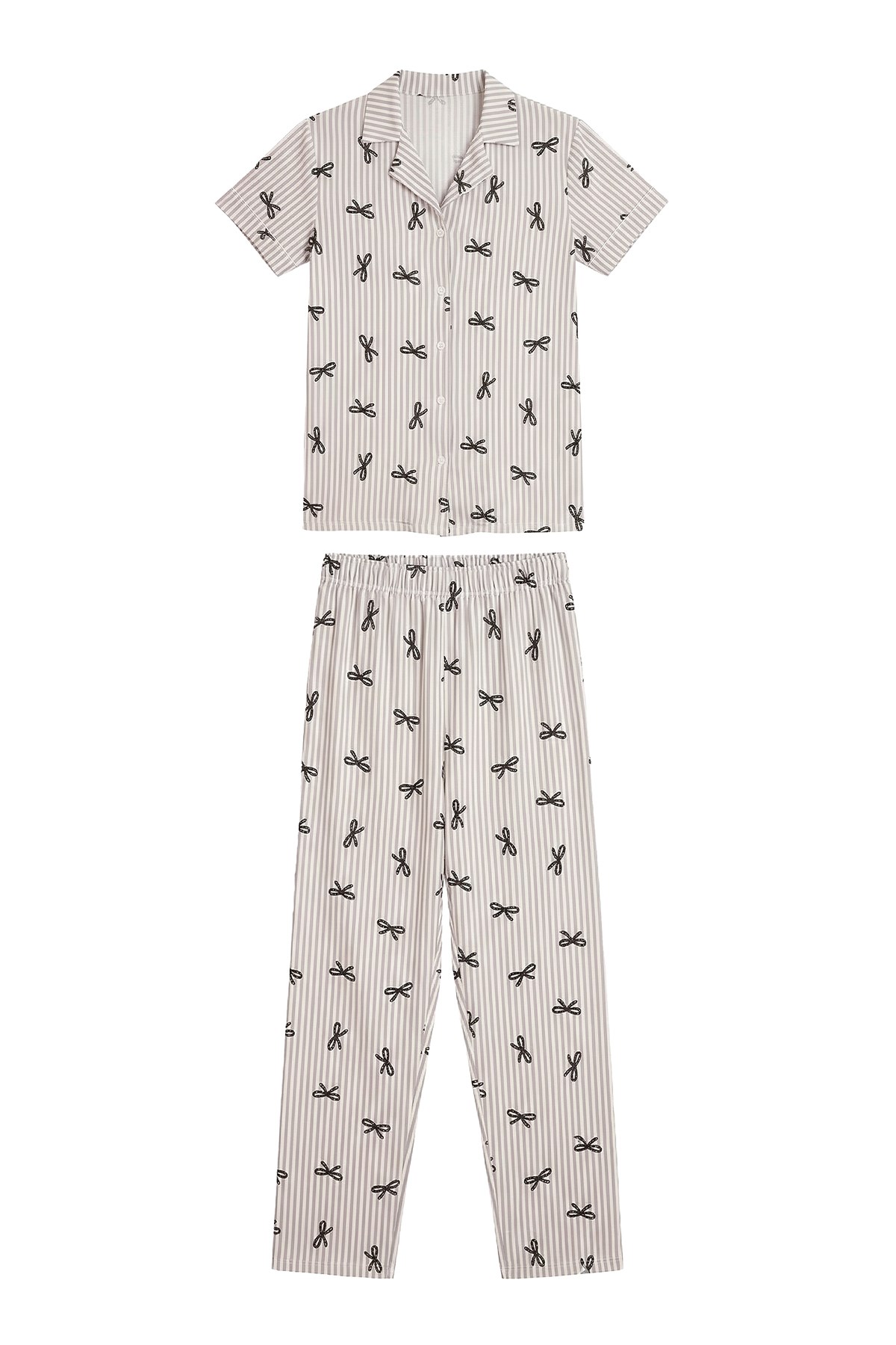 Gri Çizgi Desenli Yumuşak Dokulu Gömlek Yaka Kadın Pijama Takımı