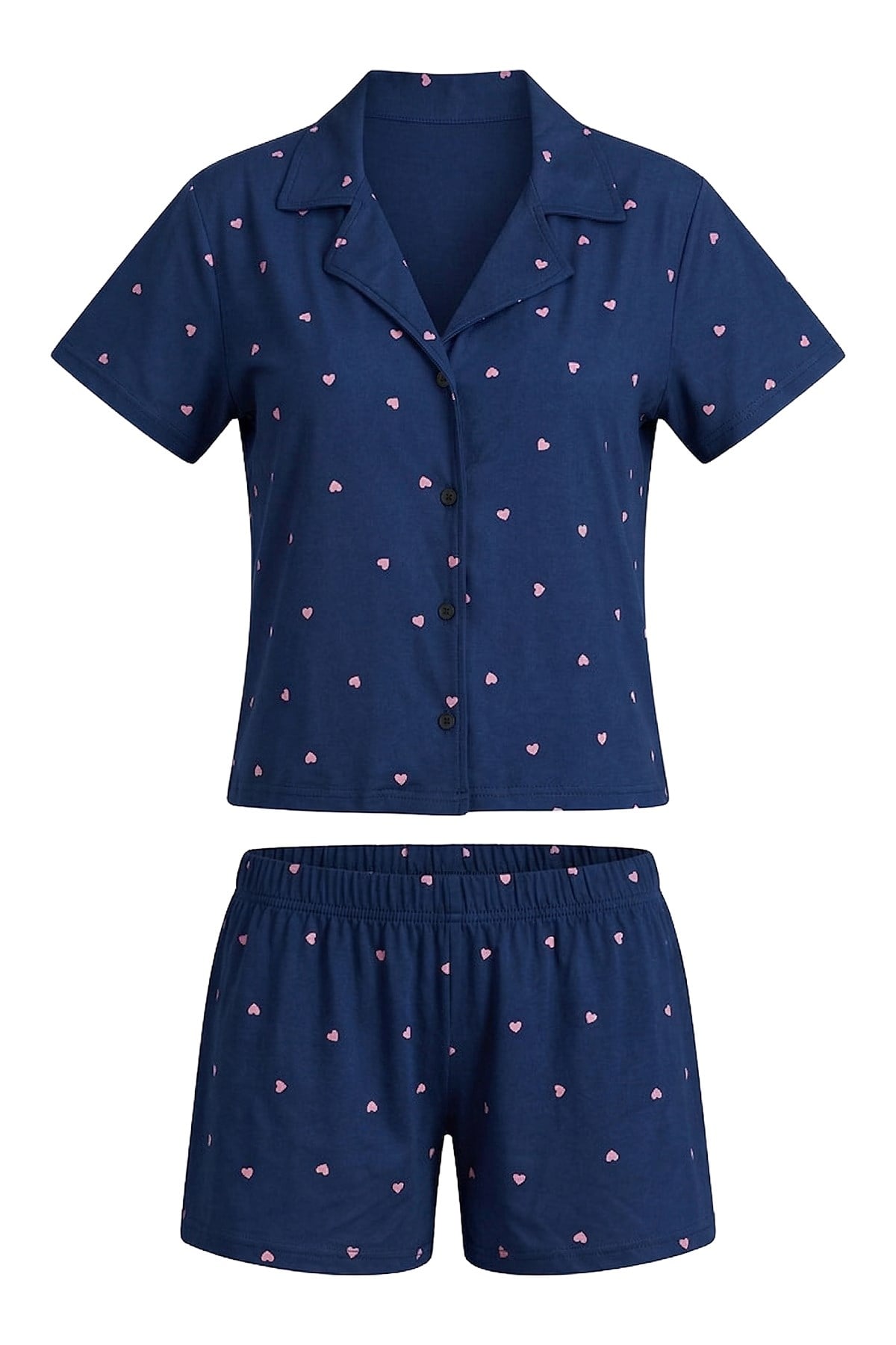 Lacivert Kalp Desenli Yumuşak Dokulu Gömlek Yaka Kadın Şortlu Pijama Takımı
