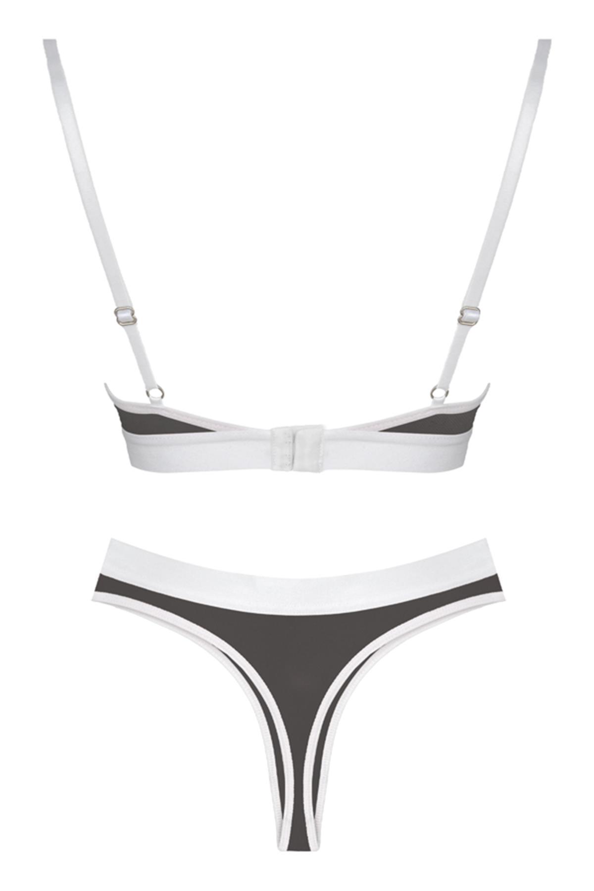 Siyah Beyaz Lastik Detaylı Transparan Tüllü Ayarlanabilir Askılı Kadın Sütyen Takımı
