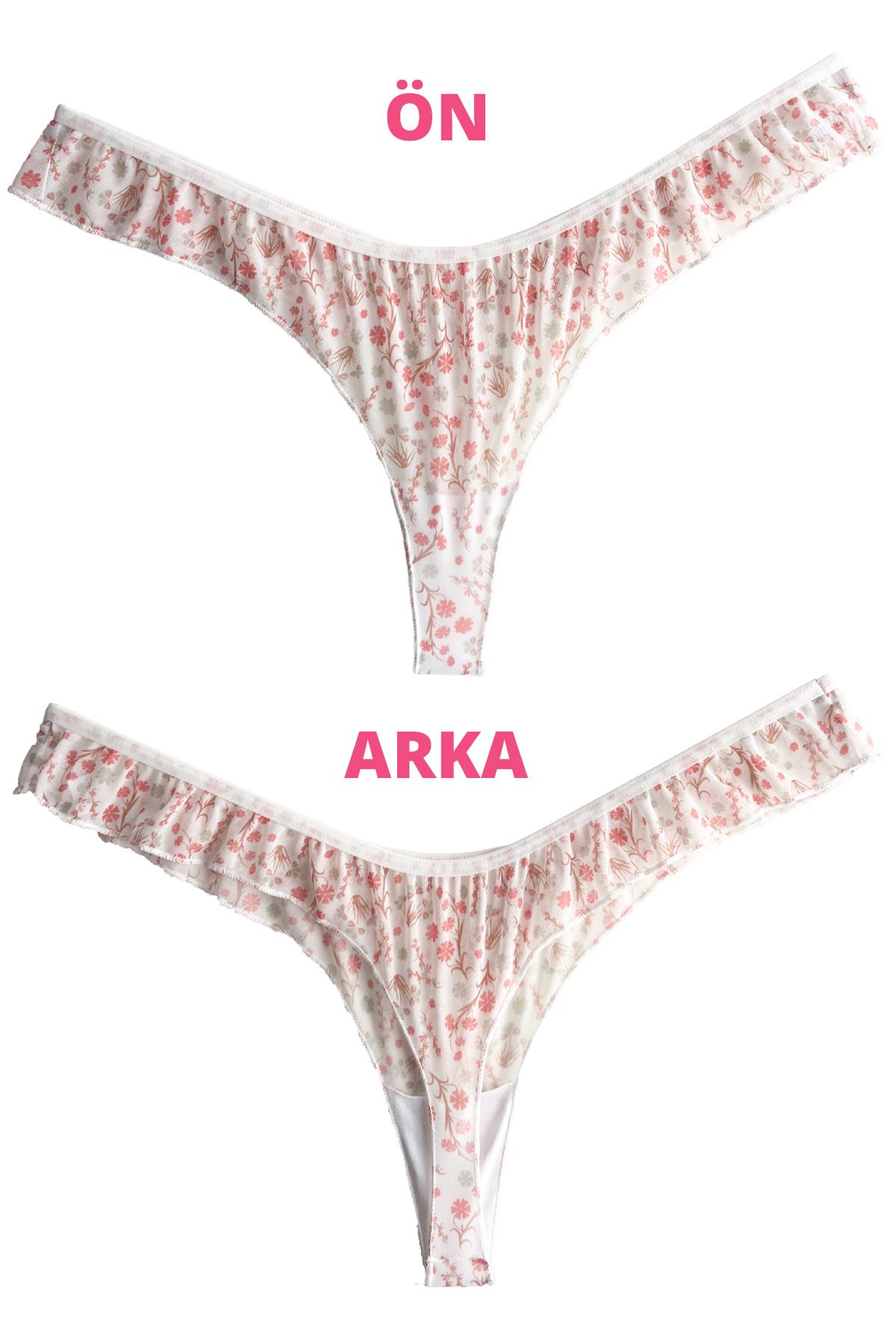 Krem Çiçek Desenli Tül Kenarları Fırfırlı Tanga Külot