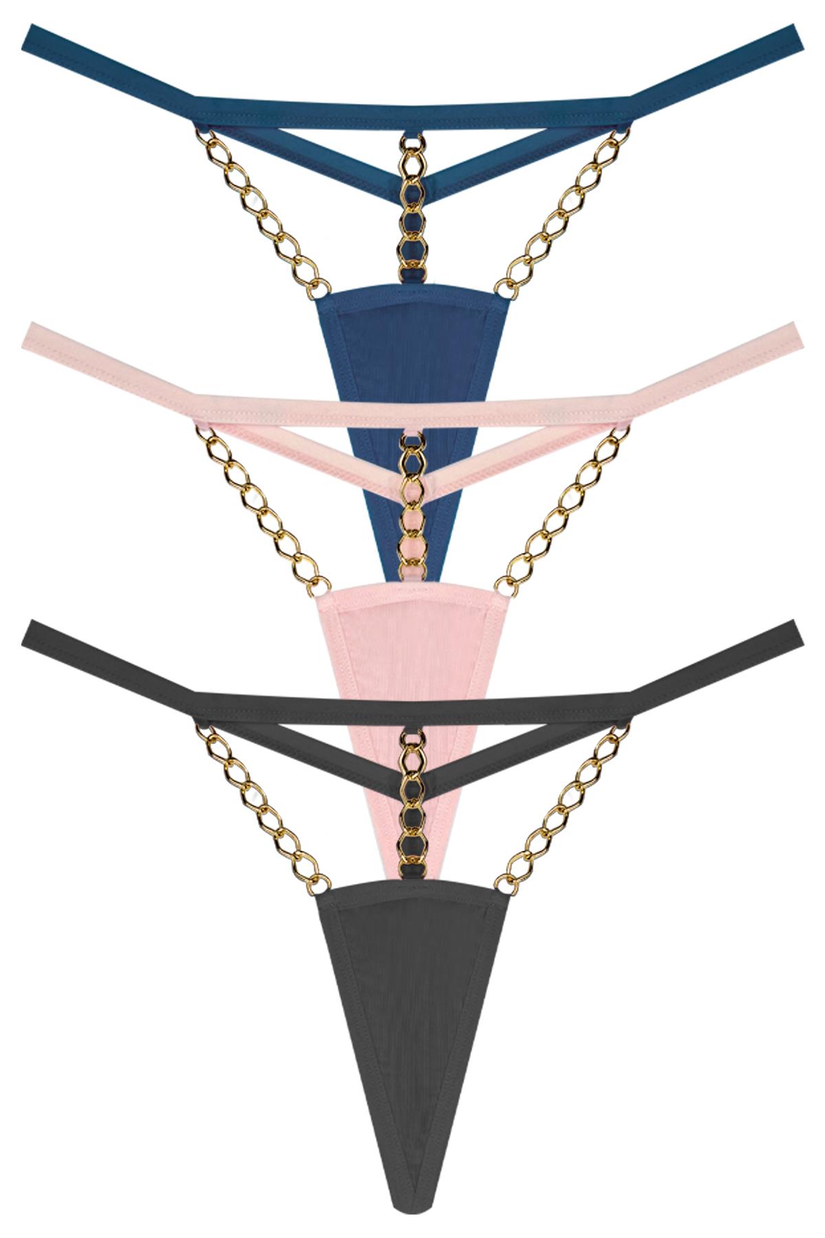 Tüllü Zincir Detaylı Kadın String Külot 3lü Paket