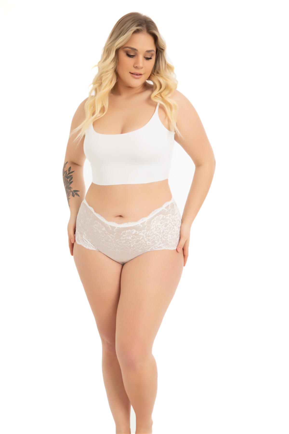Dantelli Boncuk Detaylı Özel Bölgesi Açık Büyük Beden Kadın Tanga Külot 3lü Paket