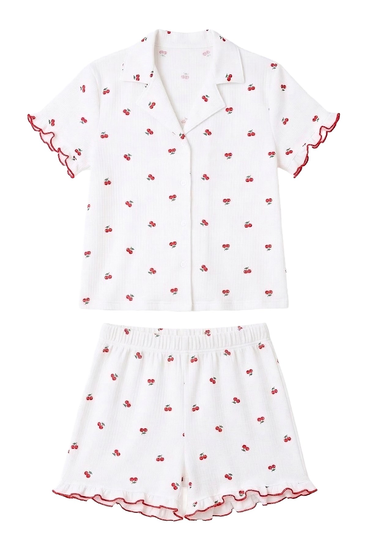 Beyaz Kiraz Desenli Bürümcük Gömlek Yaka Kadın Şortlu Pijama Takımı
