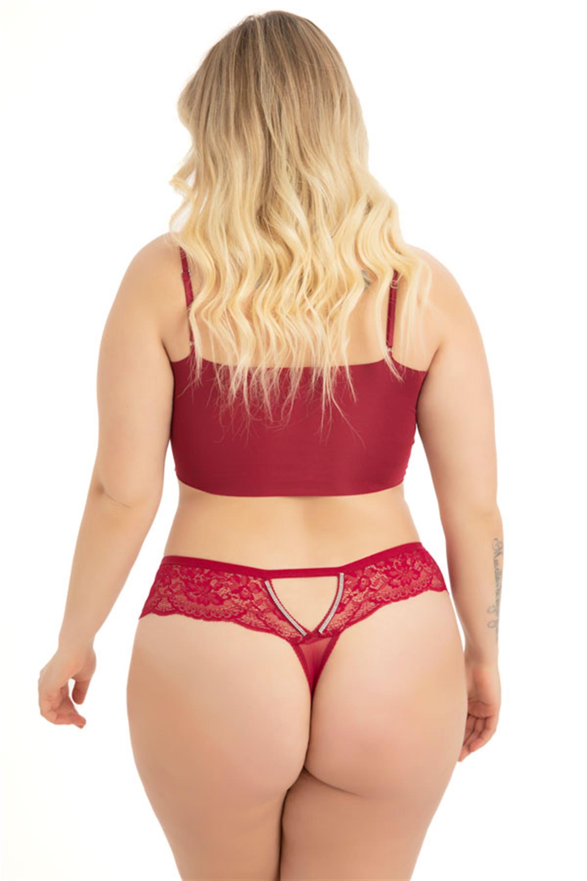 Transparan Tüllü Dantel ve Taş Detaylı Büyük Beden Kadın Tanga Külot 5li Paket