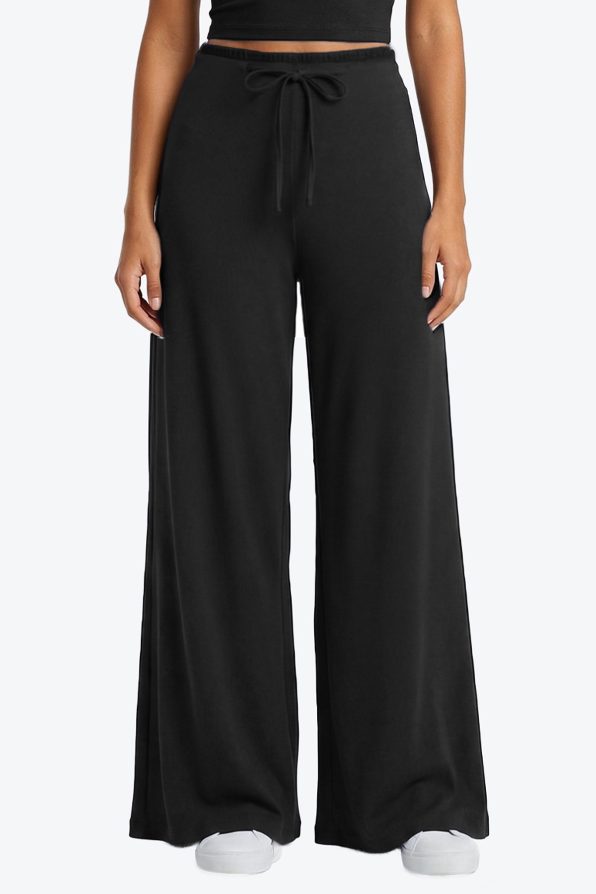Siyah Viskon Basic Yüksek Bel Bol Paça Bağcıklı Kadın Pantolon