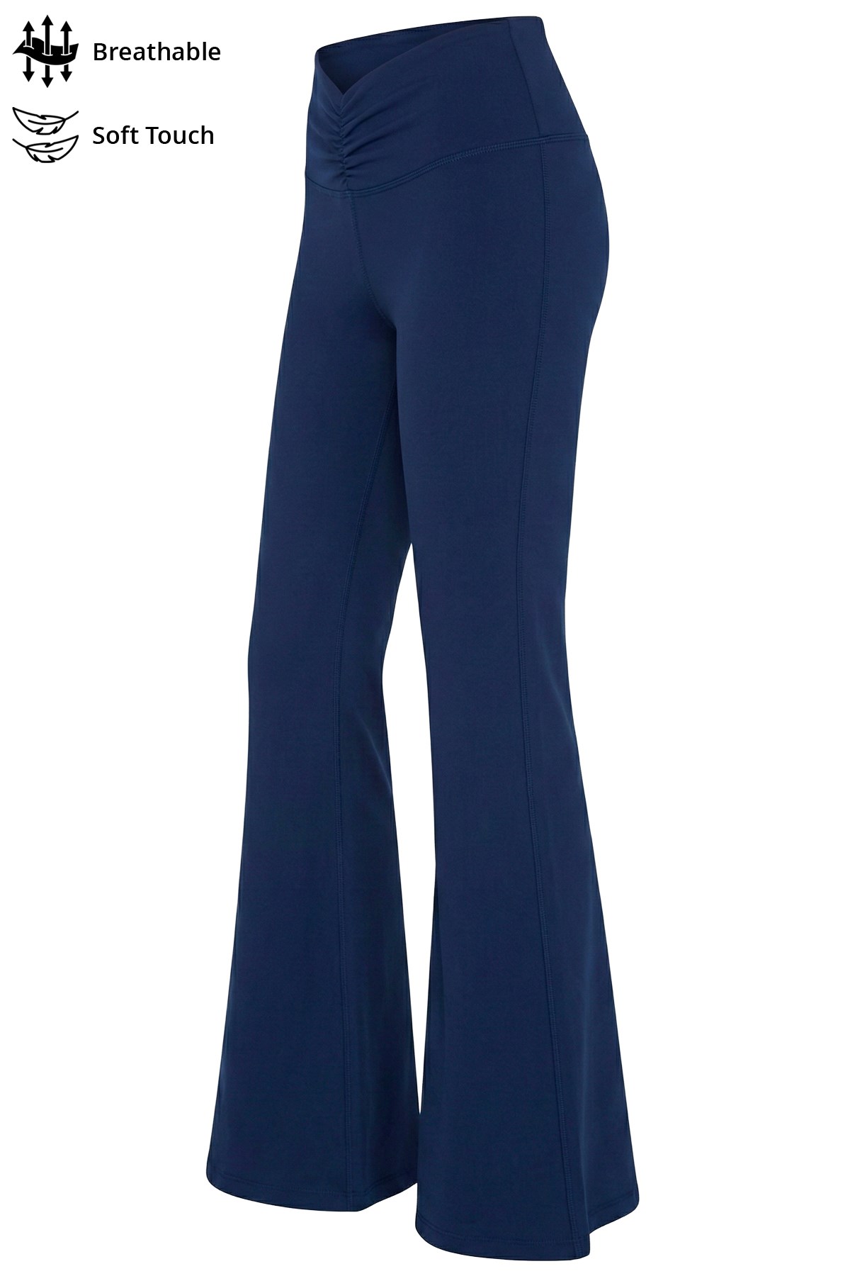 Lacivert Viskon Yüksek Bel Önü Büzgülü İspanyol Paça Kadın Pantolon Flared