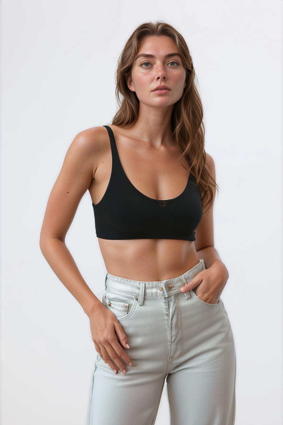 Siyah Lazer Kesim Dikişsiz Sütyen Çıkarılabilir Pedli Hayalet Sütyen Dantel Detay Ayarlanabilir Askı