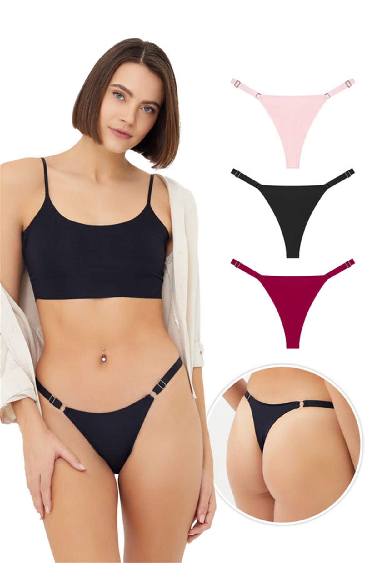 Halka Detaylı Ayarlanabilir Lastikli Kadın Tanga Külot 3lü Paket - 2