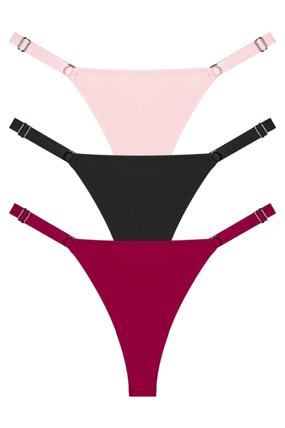 Halka Detaylı Ayarlanabilir Lastikli Kadın Tanga Külot 3lü Paket - 2