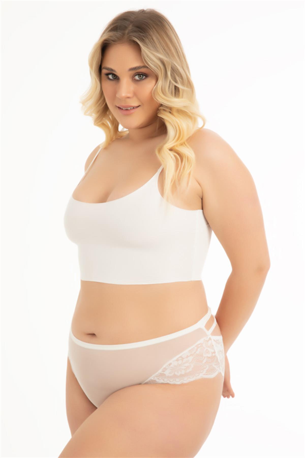 Transparan Tüllü Dantel ve Taş Detaylı Büyük Beden Kadın Bikini Külot 3lü Paket-2