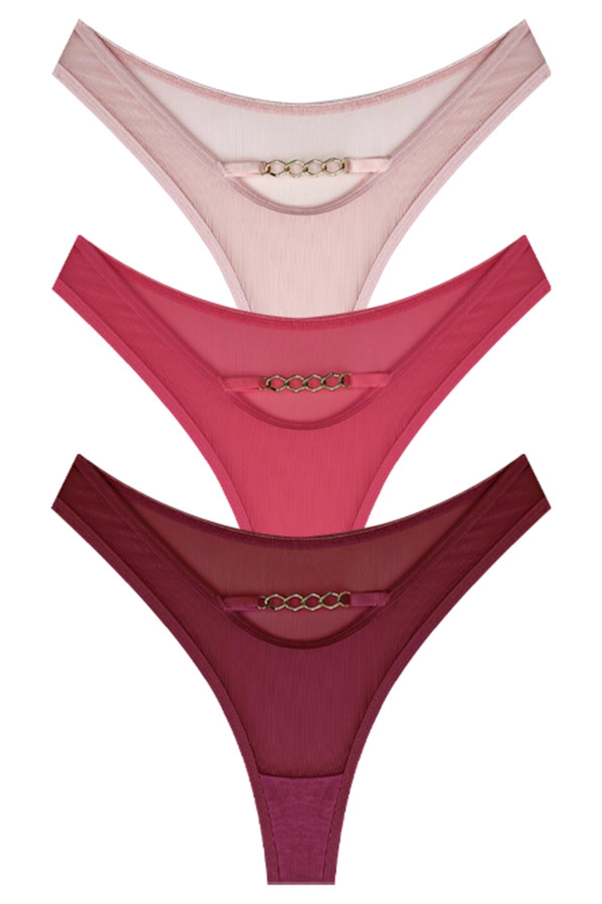 Tüllü Transparan Zincir Detaylı Kadın Brezilya Külot 3lü Paket