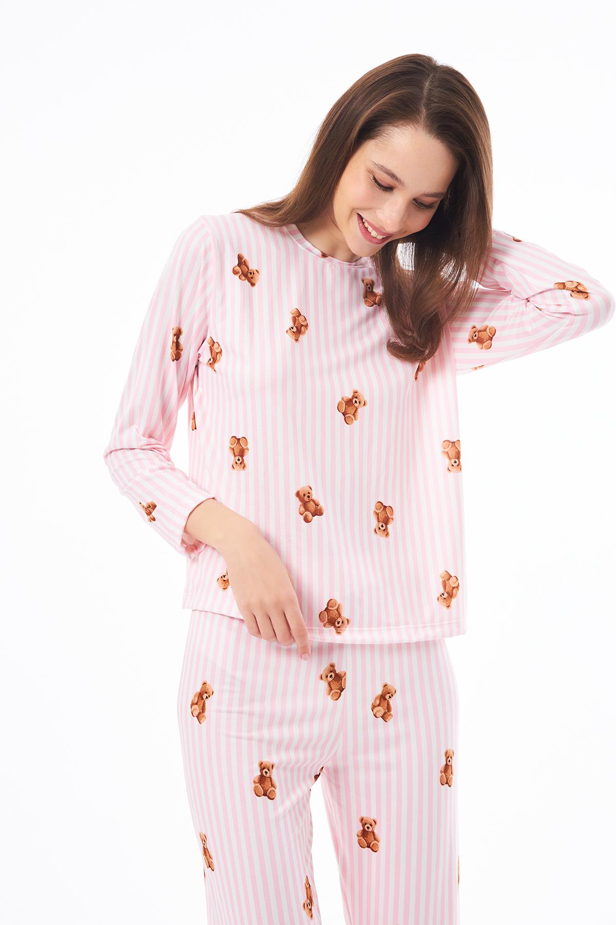 Premium  Kadın Pijama Takımı Krem Ayıcık Desenli Yumuşak Dokulu Bisiklet Yaka Uzun Kollu