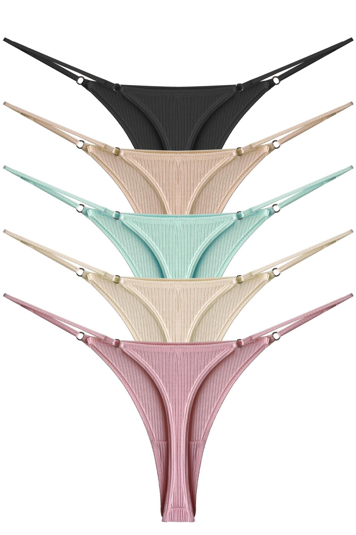 Pamuklu ve Likralı Ayarlanabilir Lastikli Kaşkorse Fitilli Kadın Tanga Külot 5li Paket