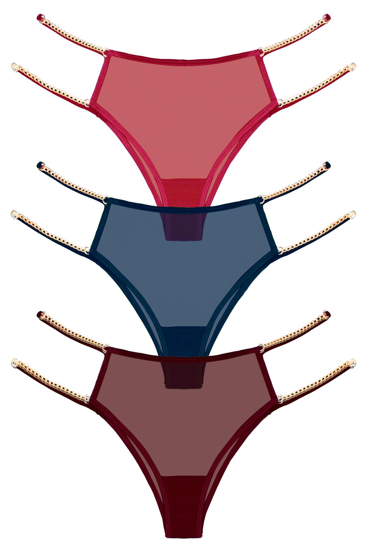 Tüllü Ayarlanabilir Lastikli Kadın Brezilya Külot 3lü Paket-3