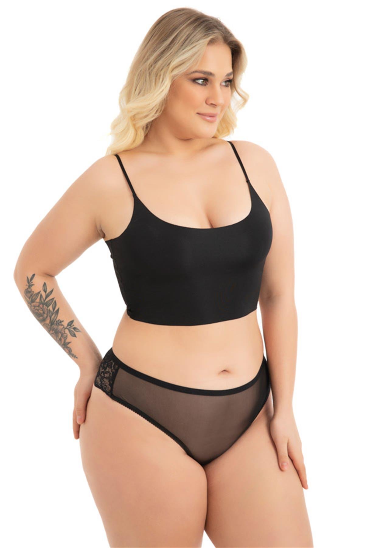 Transparan Tüllü Dantel ve Taş Detaylı Büyük Beden Kadın Tanga Külot 3lü Paket-2