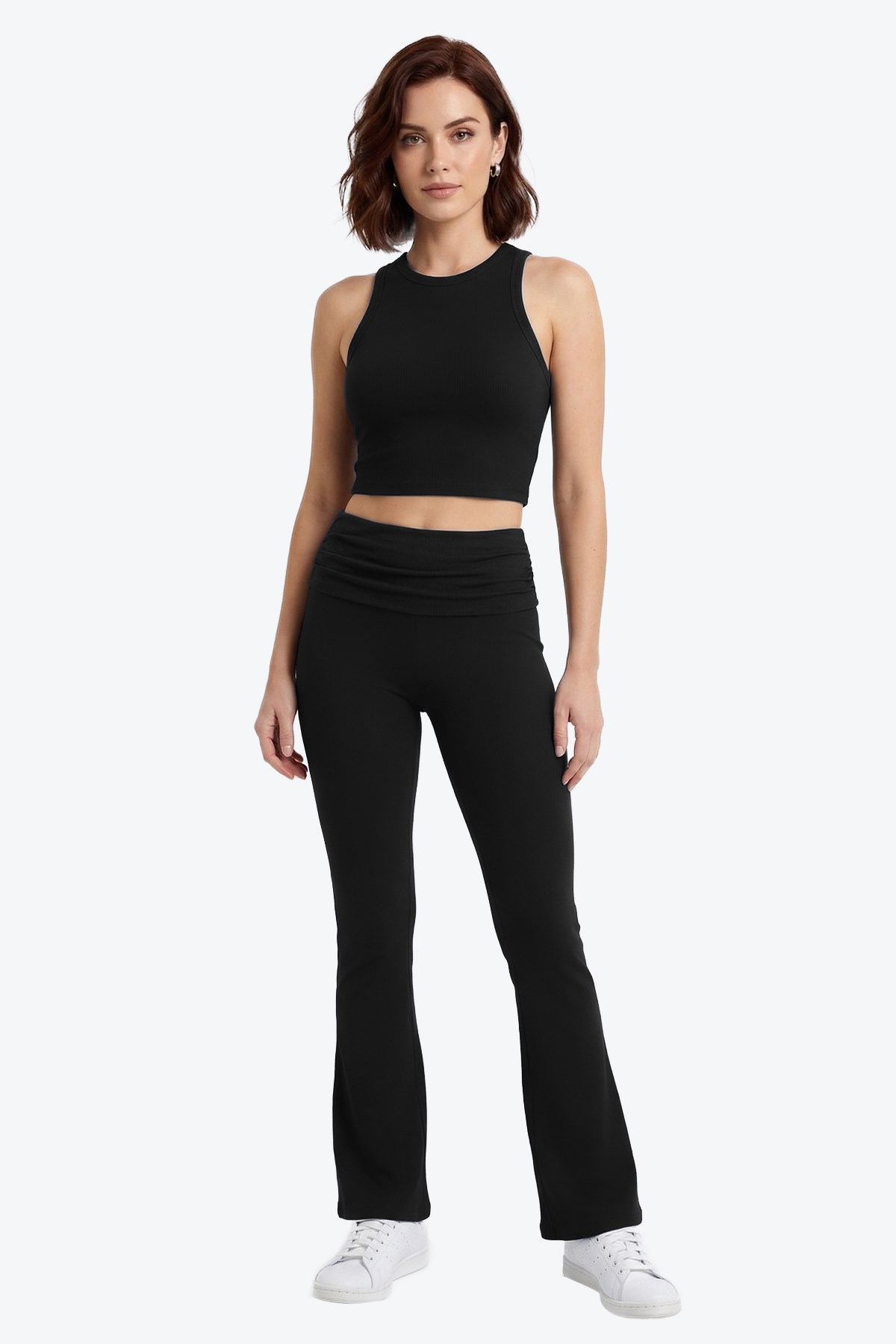 Siyah Viskon Yüksek Bel Kemer Detaylı İspanyol Paça Kadın Pantolon Flared