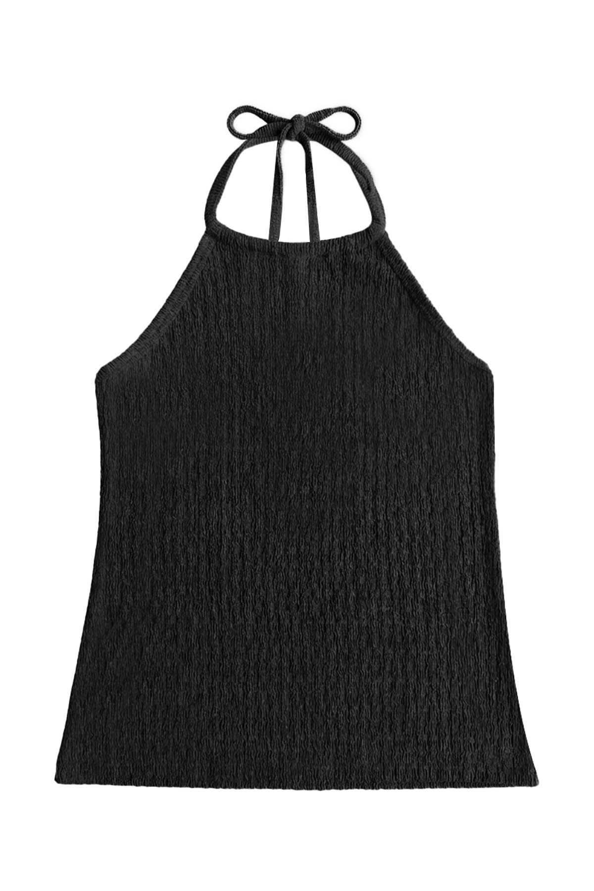 Premium - Tide Collection | Siyah Halter Yaka Boyundan Bağlamalı Bürümcük Dokulu Kadın Crop Bluz