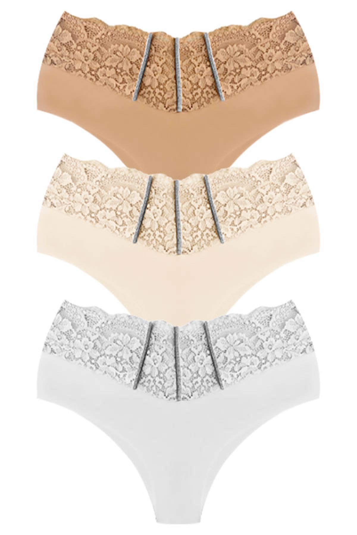 Dantel ve Taş Detaylı Lazer Kesim Büyük Beden Kadın Bikini Külot 3lü Paket-2