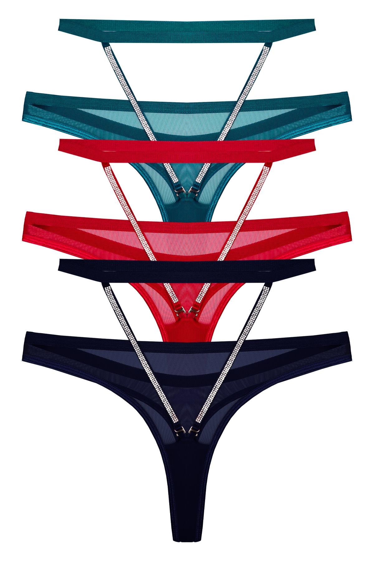 Tül Yüksek Bel Taş Detaylı Kadın Tanga Külot 3lü Paket