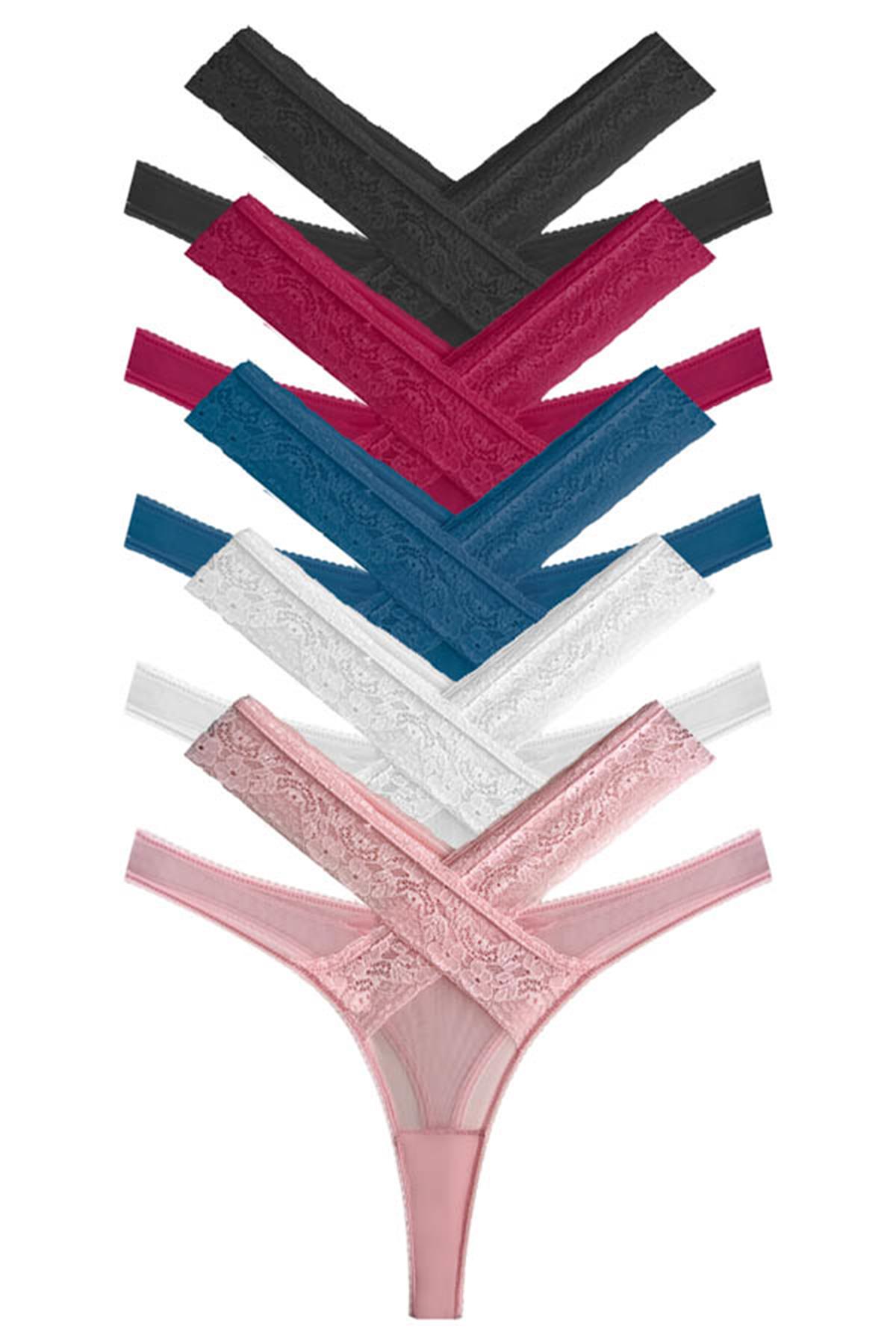Dantel Detaylı Transparan Tül Kadın Tanga Külot 5li Paket