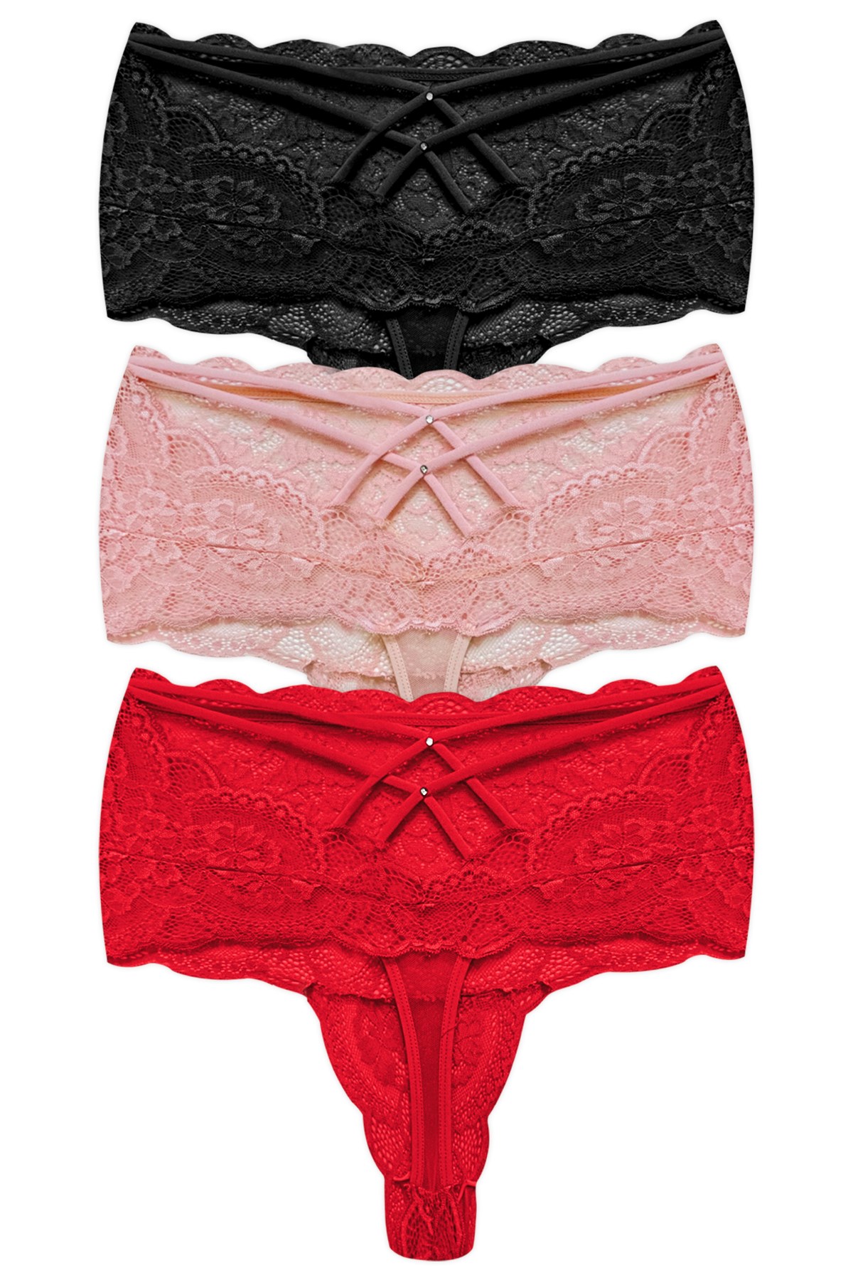 Dantelli Lastik Detaylı Yüksek Bel Kadın Tanga 3lü Paket Külot
