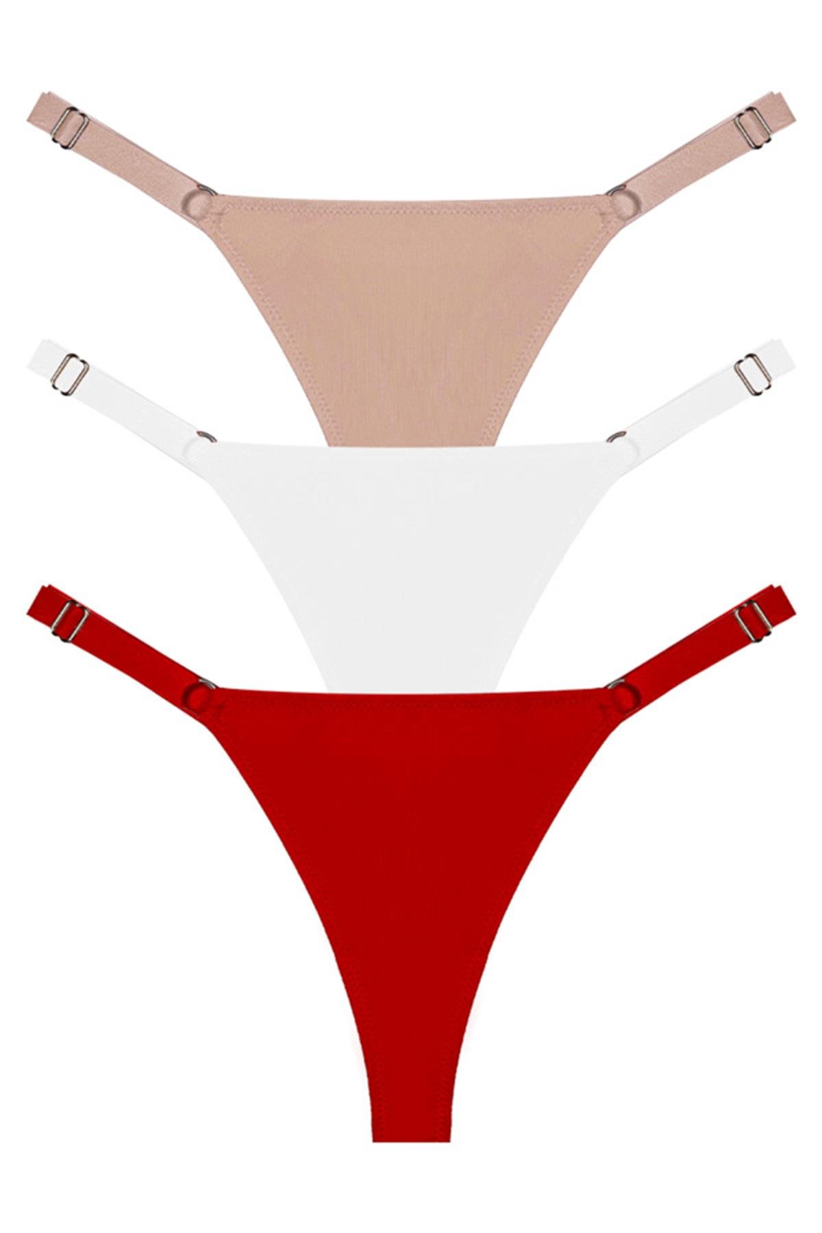 Halka Detaylı Ayarlanabilir Lastikli Kadın Tanga Külot 3lü Paket