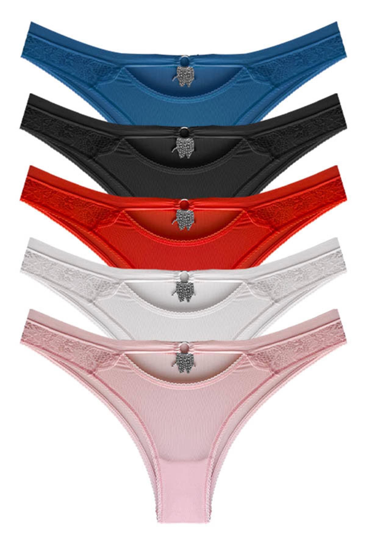 Transparan Tül Dantel ve Taş Detaylı Kadın Brezilya Külot 5li Paket
