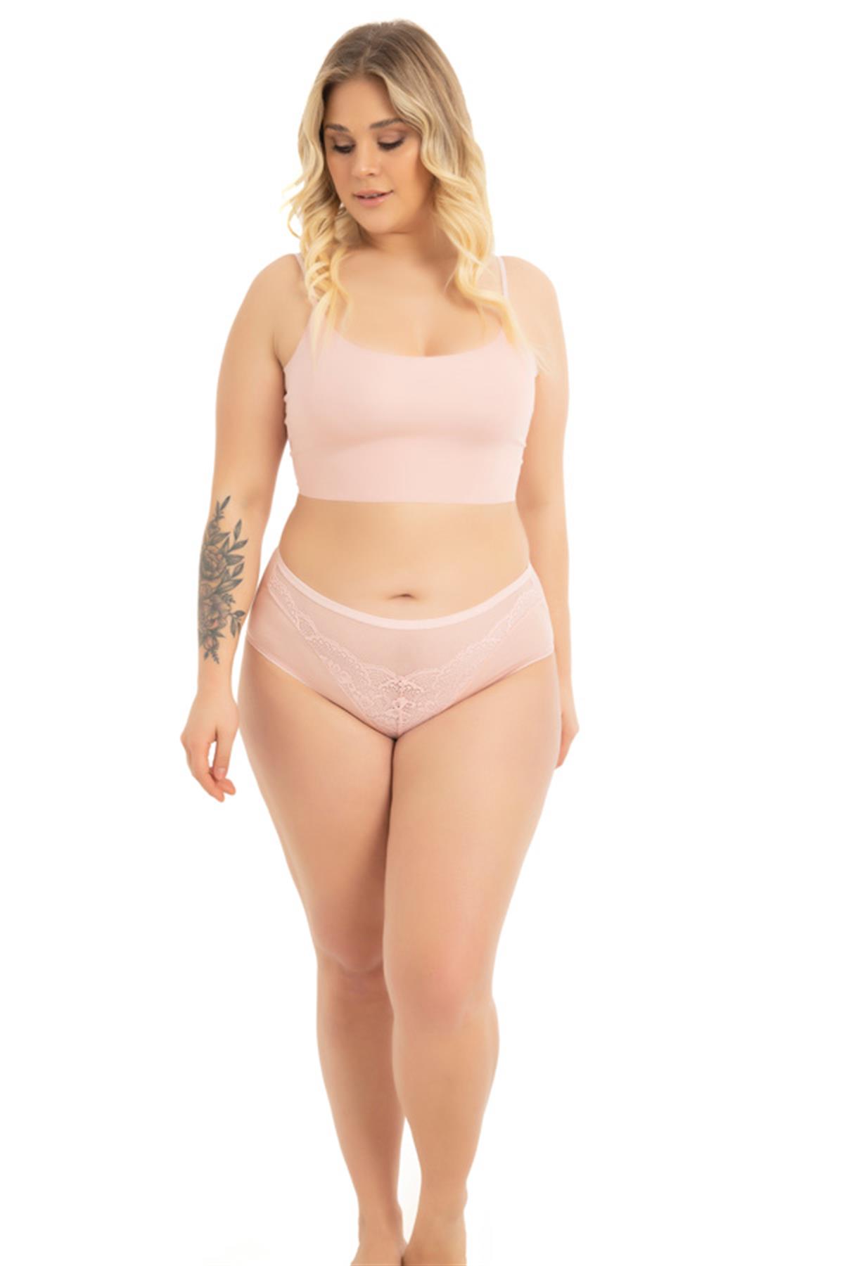 Transparan Tüllü Dantel Detaylı Beli Lastikli Büyük Beden Kadın Bikini Külot 3lü Paket