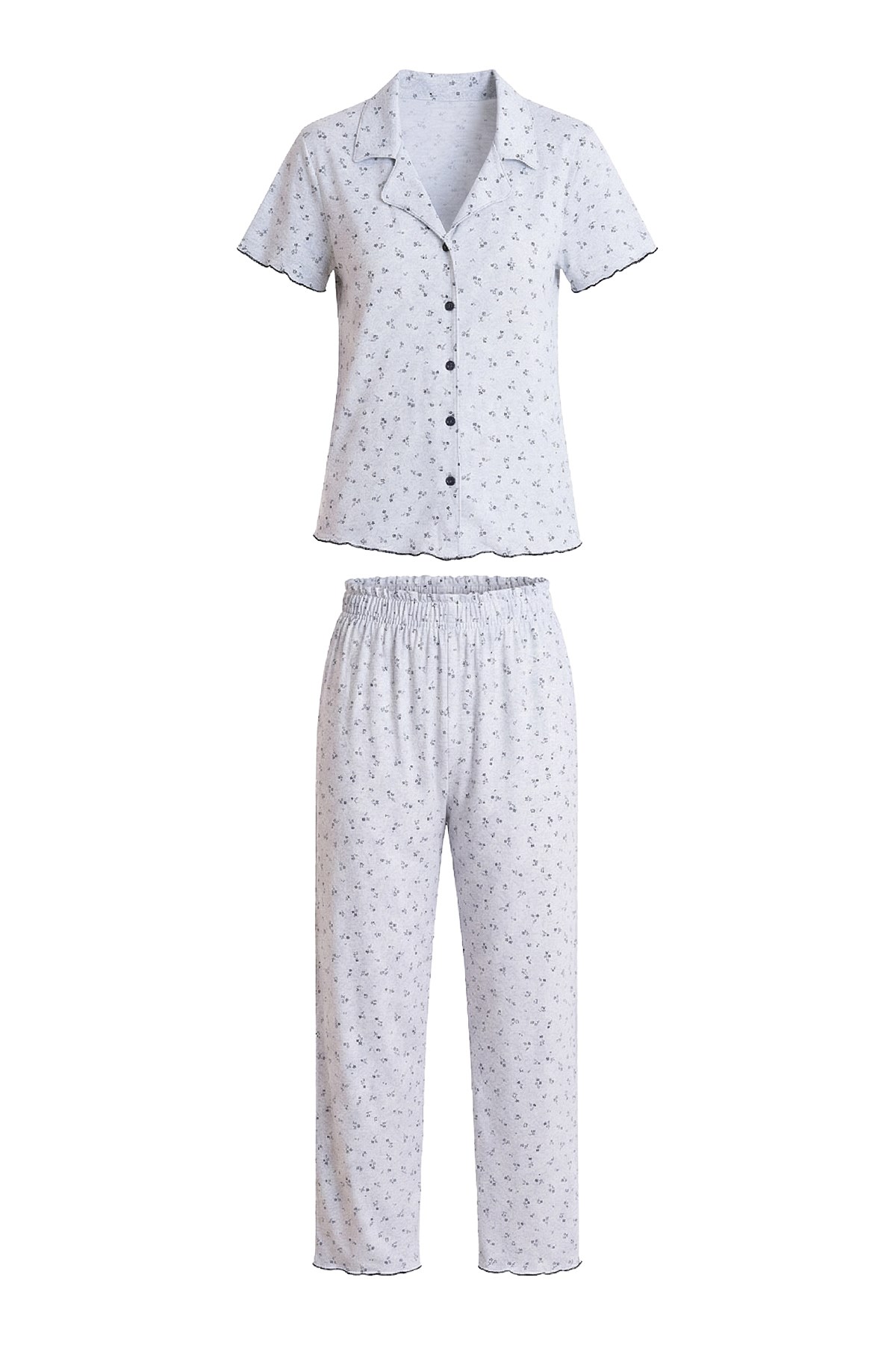 Gri Çiçek Desenli Pointel Gömlek Yaka Kadın Pijama Takımı