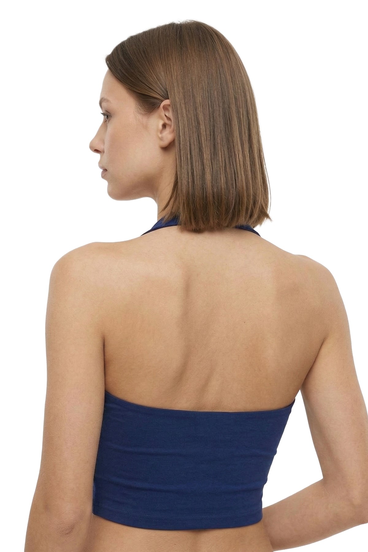 Lacivert Viskon Halter Yaka Sırt Dekolteli Kadın Crop Atlet