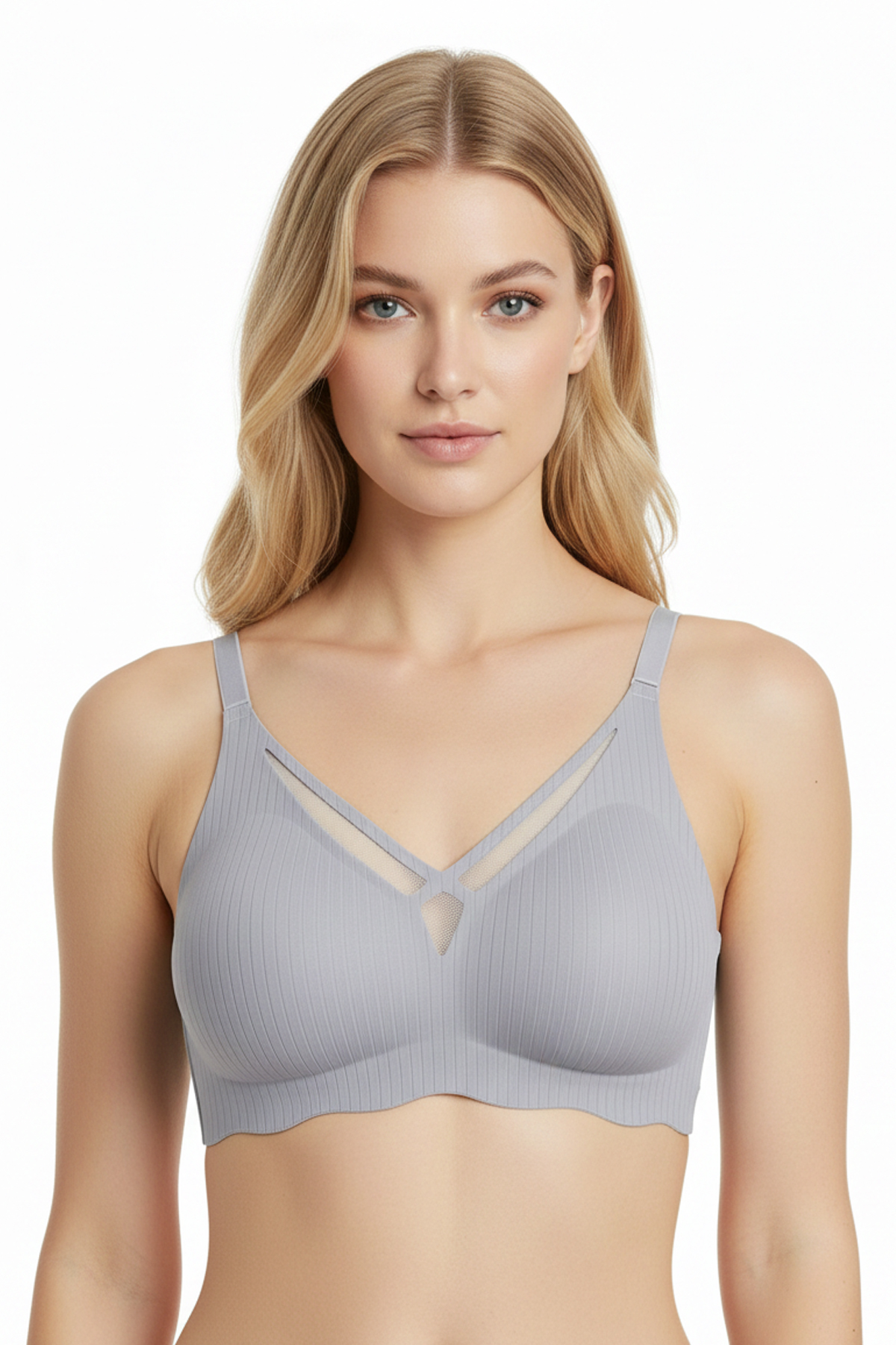 Seamless Bra - Liny | Gri Lazer Kesim Dikişsiz Çizgi Desenli Dekolteli Kadın Sütyen