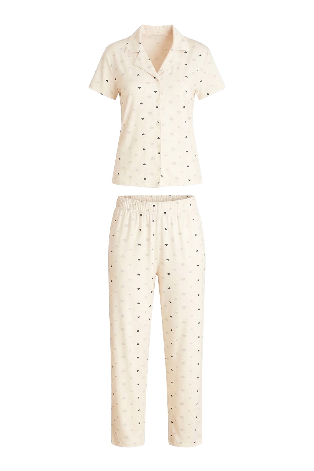 Krem Kalp Desenli Yumuşak Dokulu Gömlek Yaka Kadın Pijama Takımı