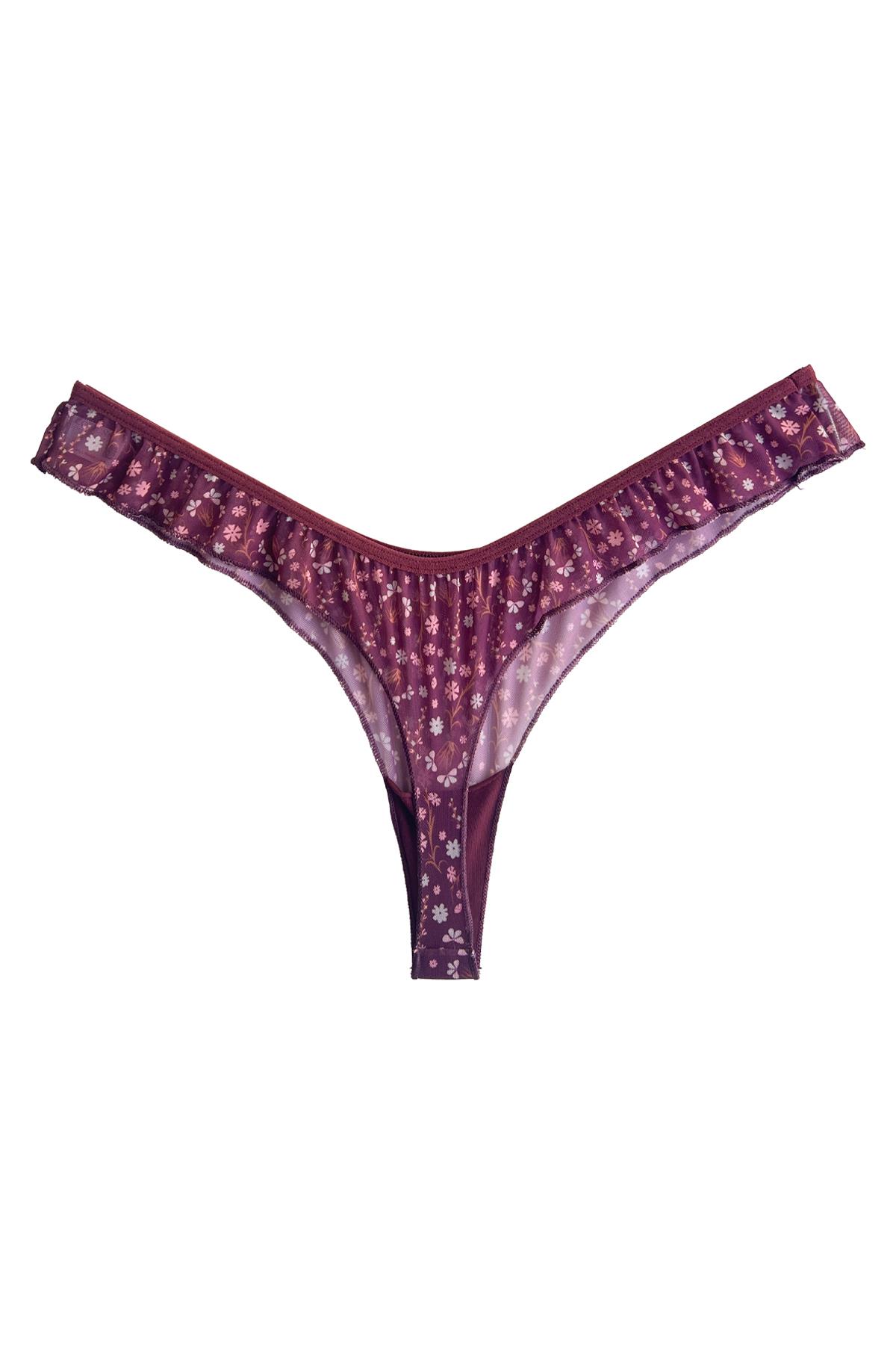 Mürdüm Çiçek Desenli Tül Kenarları Fırfırlı Tanga Külot